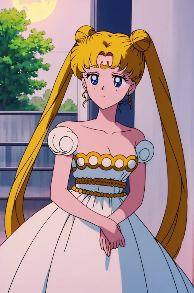 princessserenity, blonde hair, hair ornament, forehead mark, earrings, white dress, full moon, anime screencap, high quality, Masterpiece