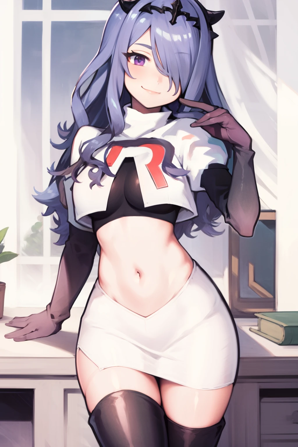 defCamilla, tiara,, team rocket uniform, red letter R, white skirt,white crop top,black thigh-high boots, black elbow gloves, smile, looking at viewer, cowboy shot,