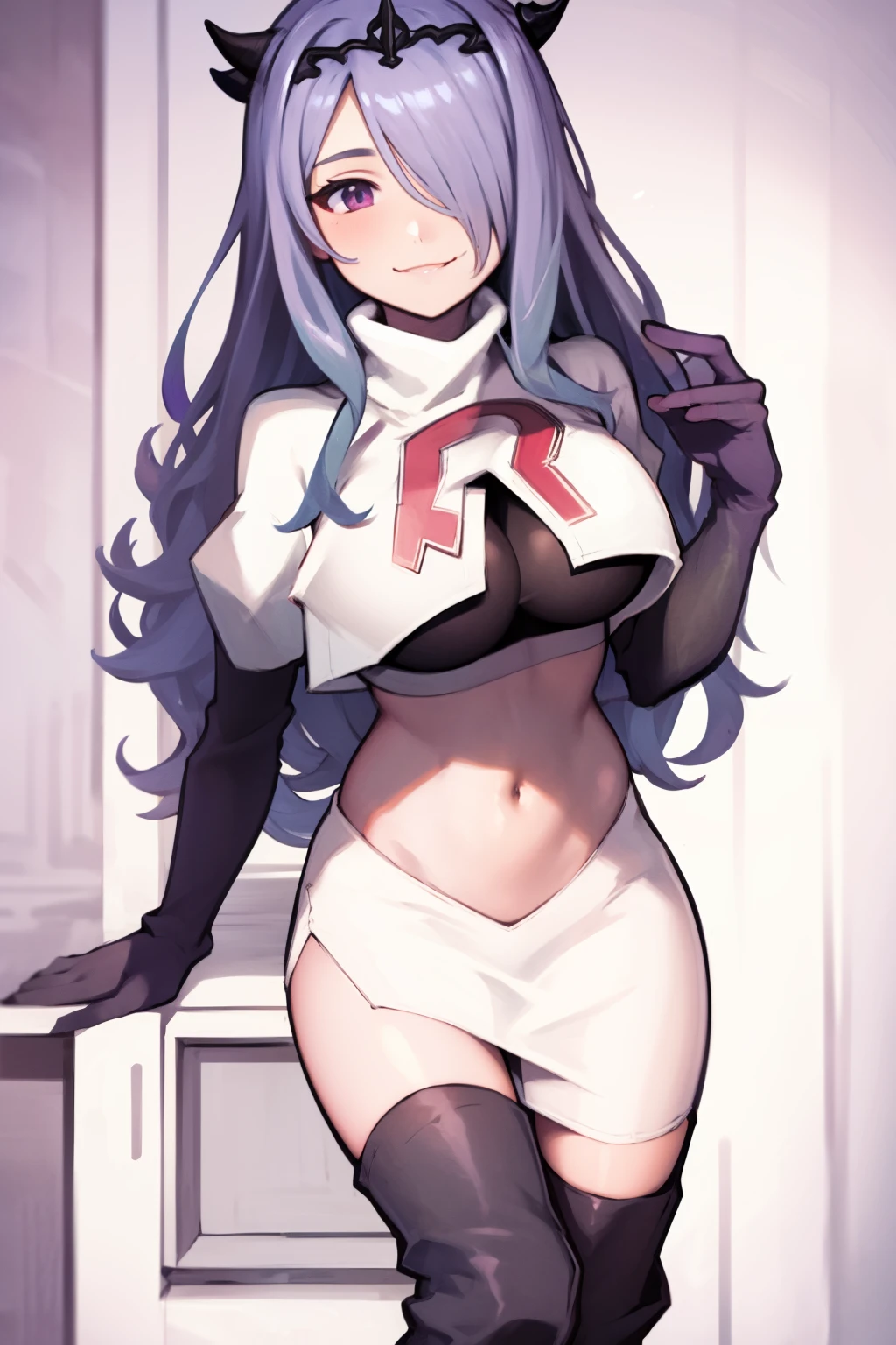 defCamilla, tiara,, team rocket uniform, red letter R, white skirt,white crop top,black thigh-high boots, black elbow gloves, smile, looking at viewer, cowboy shot,