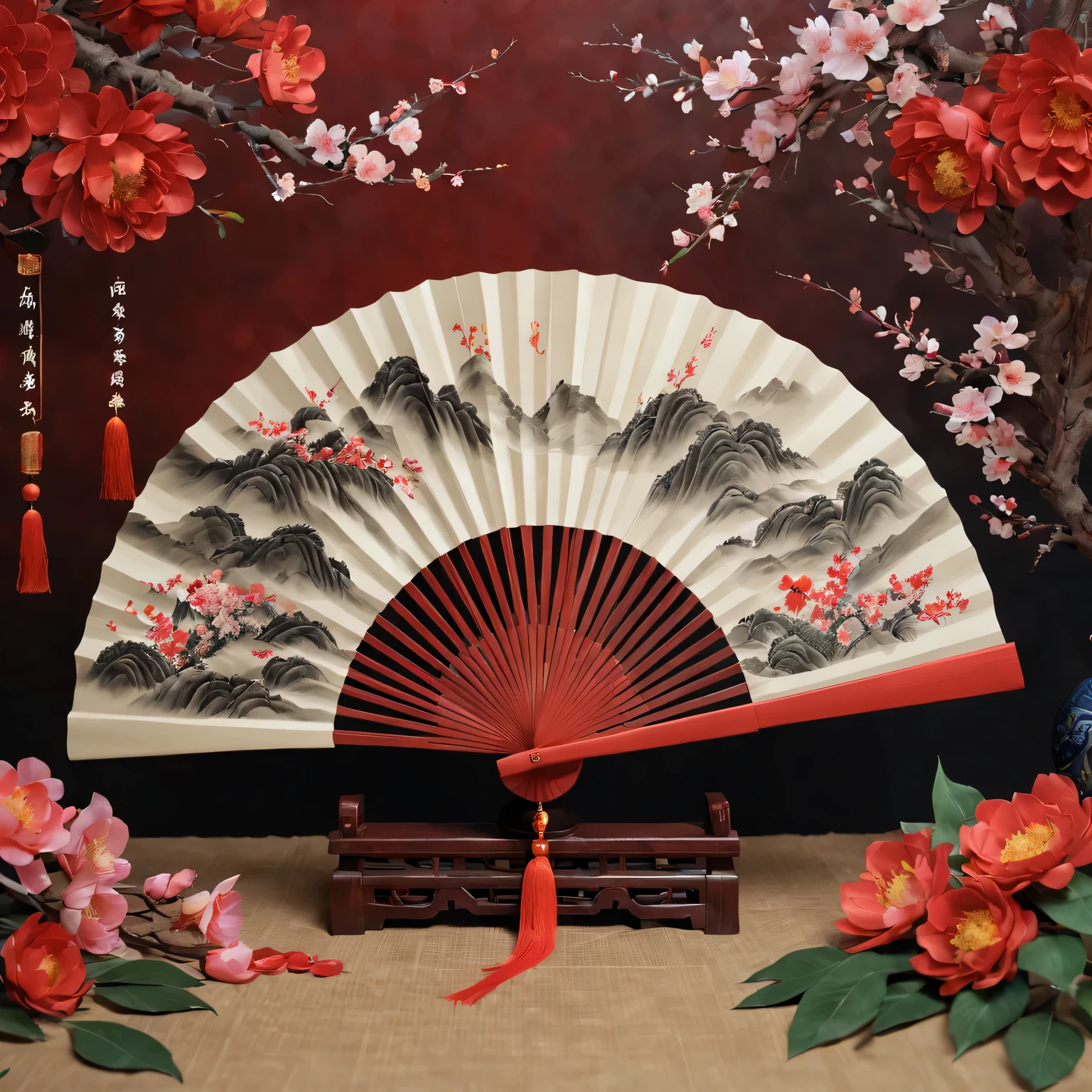 Exquisite hand-painted fan,Chinese traditional painting:1.2,beautiful spring festival,new year 2024,Auspicious red decoration,Wish you good luck in the new year,Ancestor worship and family reunion,With the soul of the ancestors,Deep cultural heritage,Colorful flower quality,4K,A high resolution,tmasterpiece:1.2),ultra - detailed,(actual,photoactual,photo-actual:1.37)