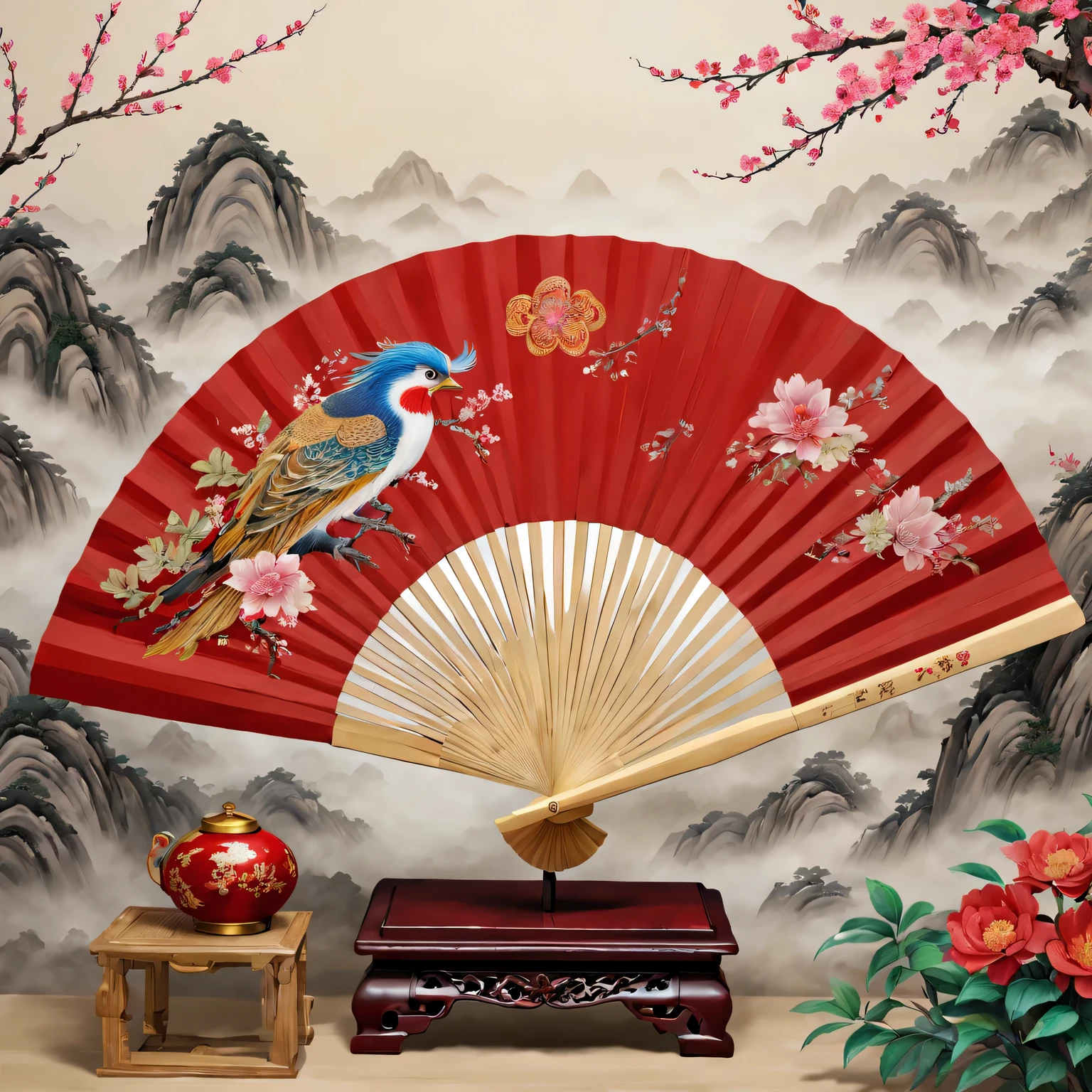 Exquisite hand-painted fan,Chinese traditional painting:1.2,beautiful spring festival,new year 2024,Auspicious red decoration,Wish you good luck in the new year,Ancestor worship and family reunion,With the soul of the ancestors,Deep cultural heritage,Colorful flower quality,4K,A high resolution,tmasterpiece:1.2),ultra - detailed,(actual,photoactual,photo-actual:1.37)