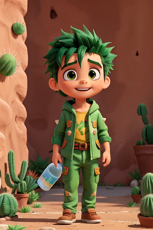 He is a lively and energetic little boy. With his spiky hair and an expression of pure excitement on his face, he is always ready to explore and discover new places in this universe of thorns and exotic plants. He wears a green jumpsuit with cactus prints, which makes him perfectly camouflaged in the landscape. He also wears a green hood, which resembles a cactus leaf, protecting him from the scorching sun. he is always prepared for his adventures in the world of cacti. He carries a bottle of water to stay hydrated. Age: 8 years