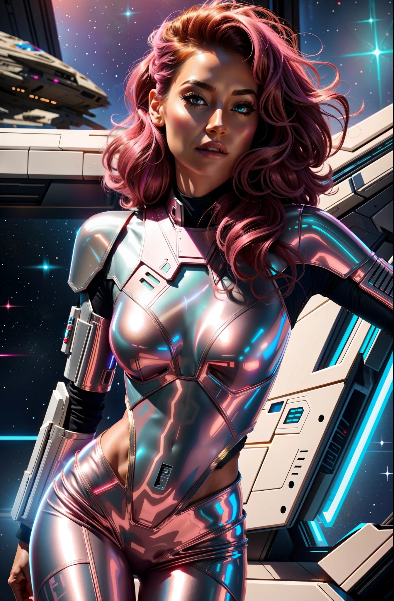 sexy woman in star wars pink metallic costume posing in front of a spaceship, transparent suit, cutesexyrobutts, scifi woman, digital painting, beautiful digital artwork,