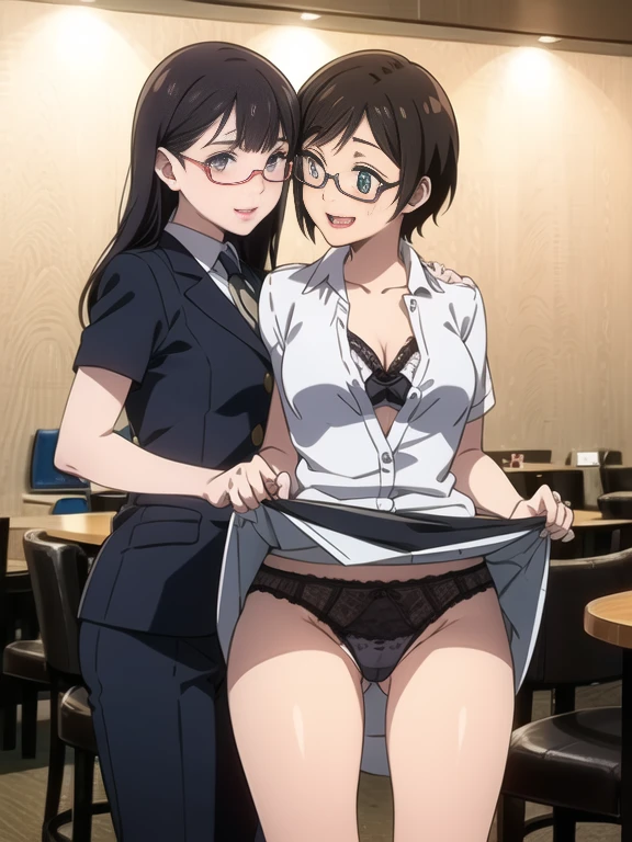 Best Quality, masutepiece, 超A high resolution、2guys、age 30s、hotel、Long black hair straight、Brown hair straight、Enchanting eyes、Face red、shairband、eye glass、lesbian、lilie、Entwining tongues、the kiss、Entwining fingers、Tie your legs together、beauty legs、Navy blue suit、Legs thin、Nipple pinching、Slimed、White lace panties、high-heels、Light blue shirt、White collar shirt。white lace bra face to face