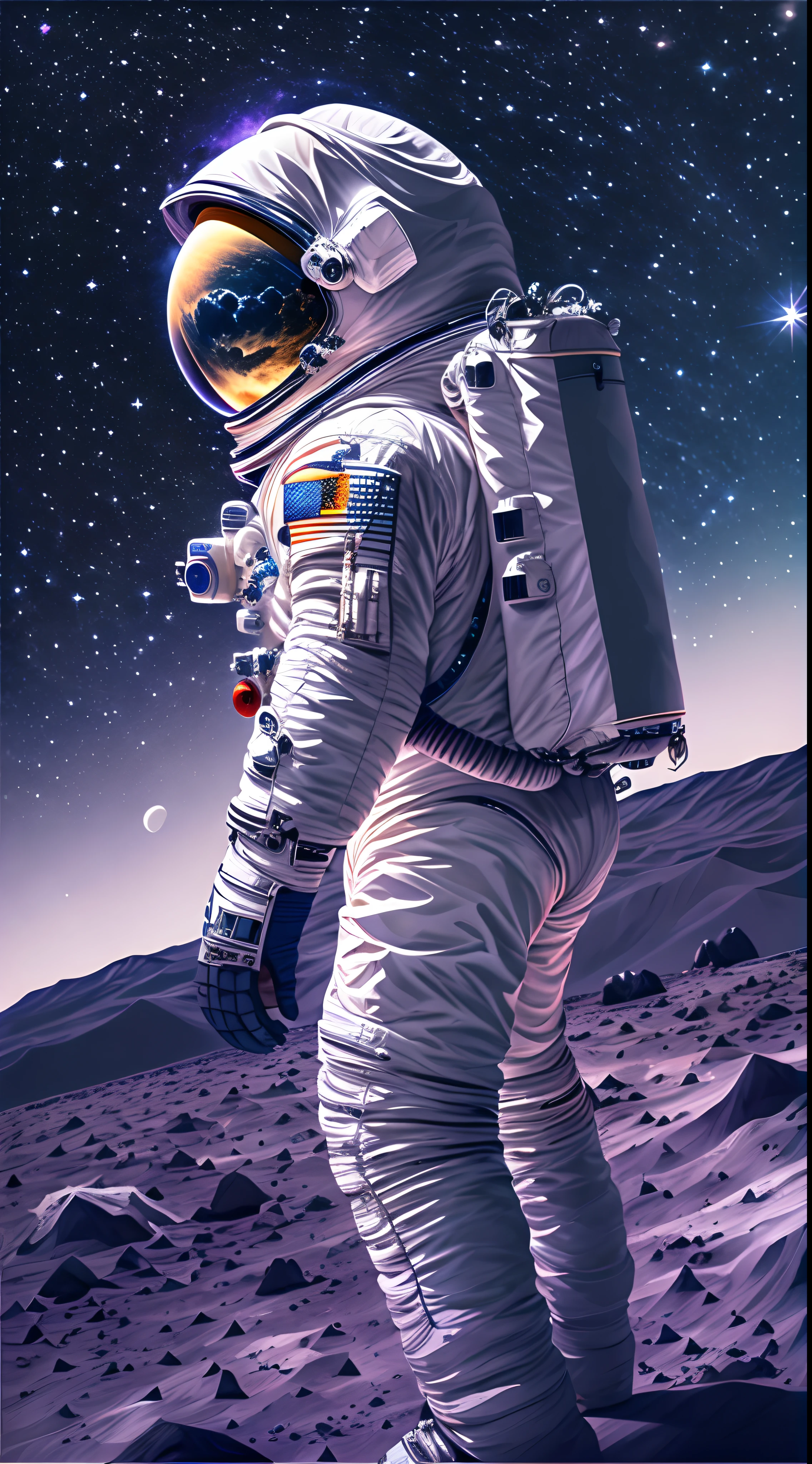 Um astronauta caminha na Lua,usando um traje espacial,capacete de astronauta,gravidade zero,Rocha da Lua,Deep space exploration,fundo do universo,Estrelas cintilantes ao longe,Vistas espetaculares da terra,Expansive panorama of outer space.