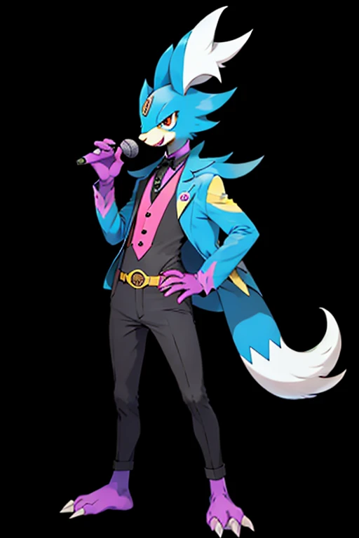 Garchomp body builder, hand on chin, hand on hips, white detective jacket