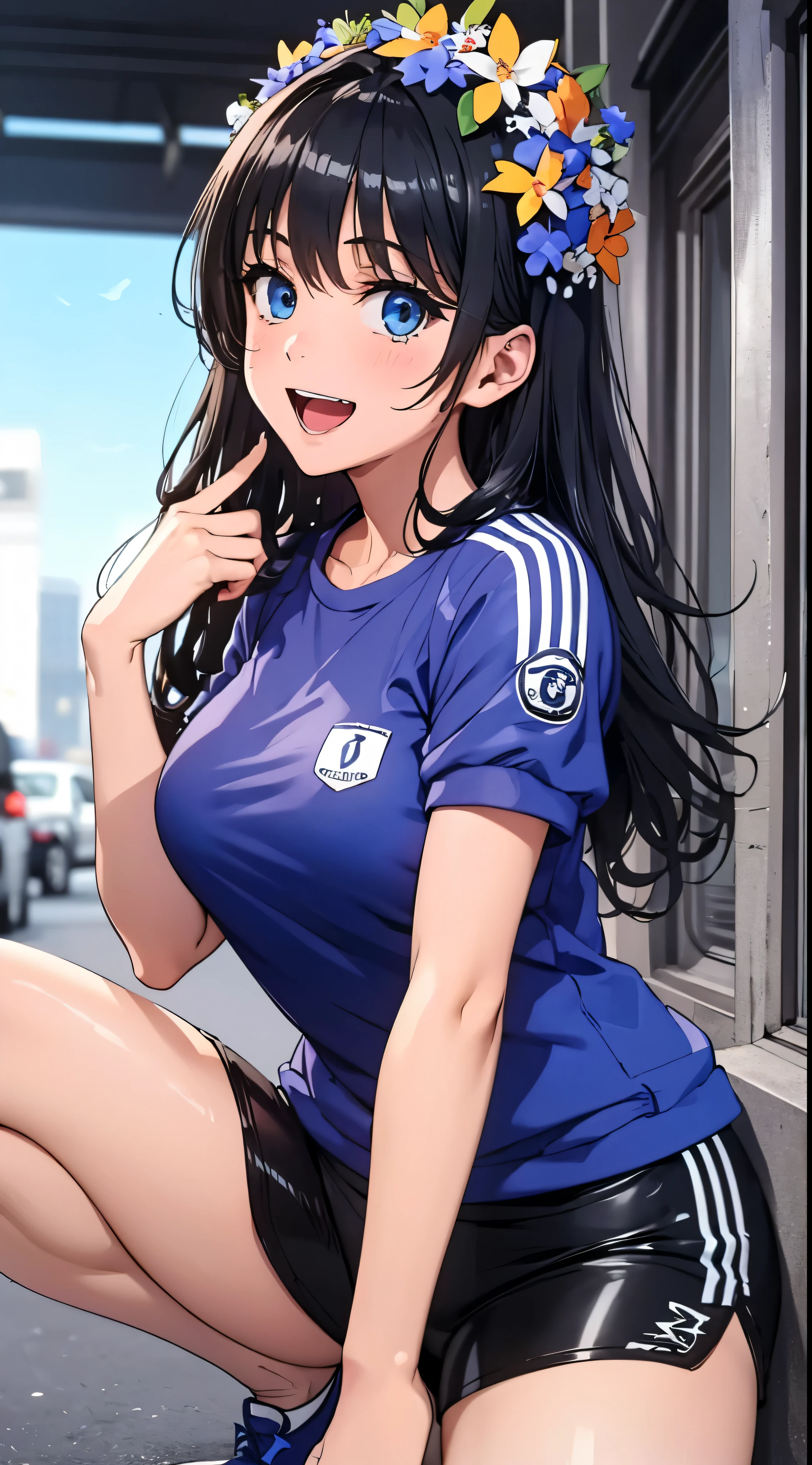 1womanl,Black hair,14years ,(()),Beautiful breasts,(((Sexy white and blue shiny gym clothes and shorts)))(())(((Blushing cheeks、Smile with open mouth)),(((Satin Narico))),((( portlate))),Crowds,Shiny white and blue gym clothes and shorts,crouching down