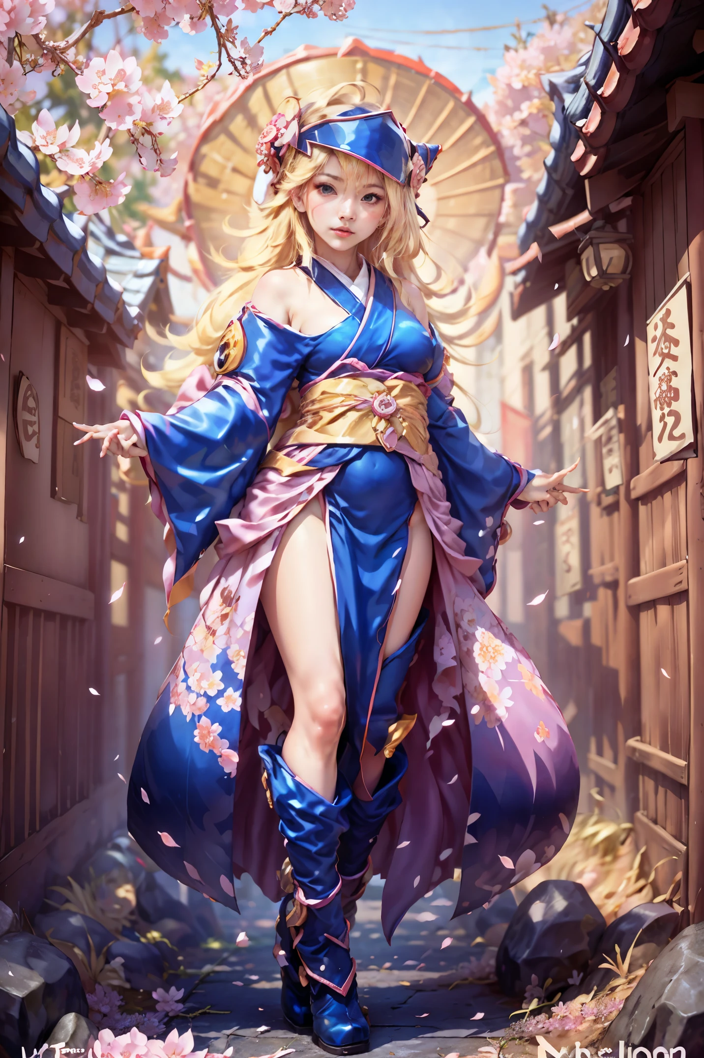 cuerpo completo,Plan completo,SFW,The Russian goddess princess in the image of a geisha with big bright blue eyes and long fluffy eyelashes of the Nordic type with a perfect graceful figure and very long fluffy wavy hair of bright wheat color is in full growth in the alley against the background of Japanese pink sakura blooming in bright navy blue kimono color and Japanese shoes turn bright navy blue color, The girl's lace kimono is intricately patterned with ultra-short frank cutouts...., Small breasts with protrusion are visible through the fabric and on the girl's ears there are beautiful earrings with precious navy blue sapphires that shine and shine in the light.... The soil on which the girl is located is strewn with cherry blossoms...., The scene is highly artistic, High resolution, foco nítido, Migjorni-V5 artistic style, hiperfotorrealismo, proporciones perfectas, Photo of the golden ratio, Bengala, contorno, luz del sol, brillo suave, enfoque suave, Photo-style smooth focus through a Monocle lens.
