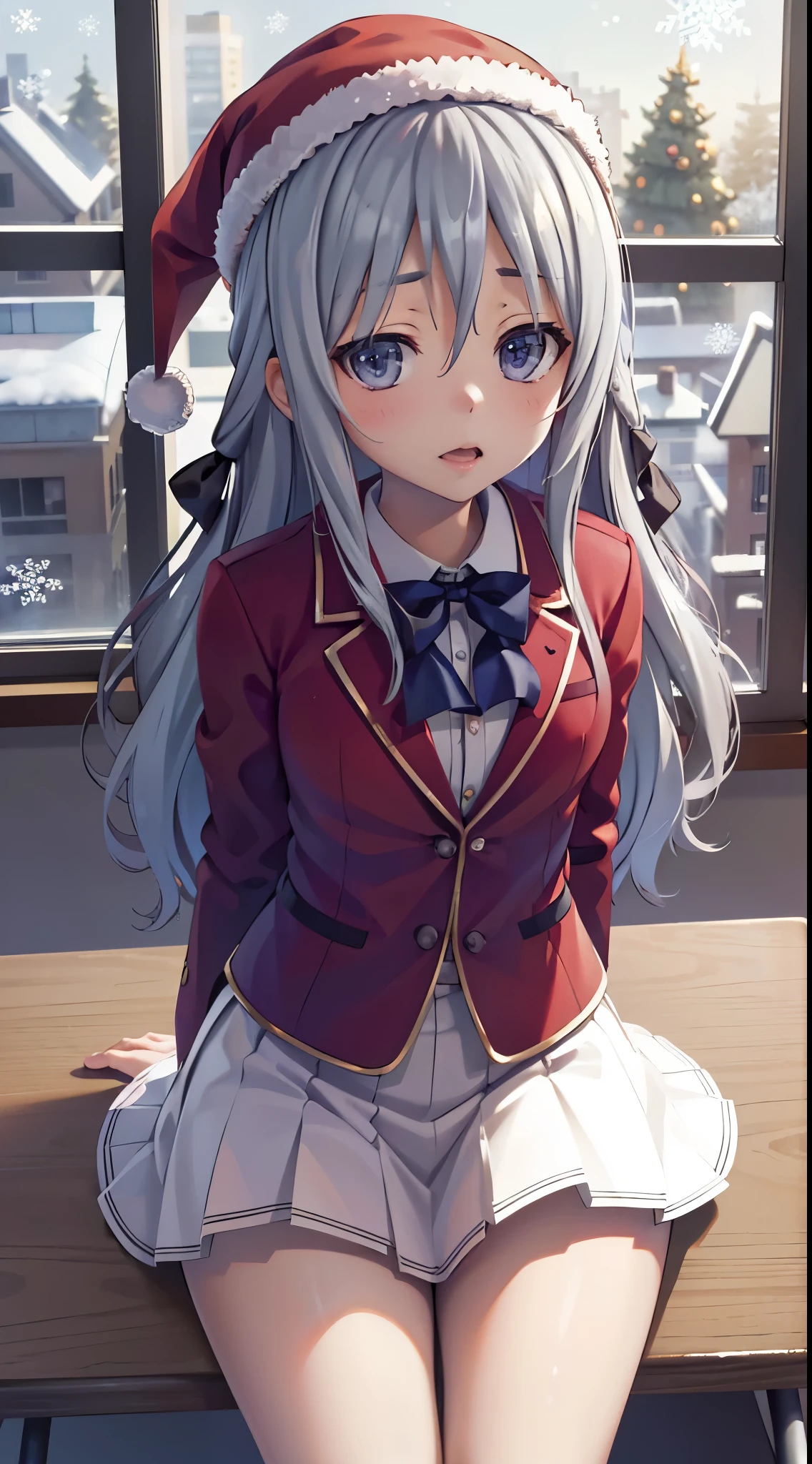 Shiina Hiyori, gray hair, masterpiece, amazing, 8k, detailed, 1girl, (from above), (sitting on desk), (looking up)), (falling snowflakes), ((Christmas hat)), ((Christmas outfit)), (hands behind her back), ((Infront of the window)), (classroom)