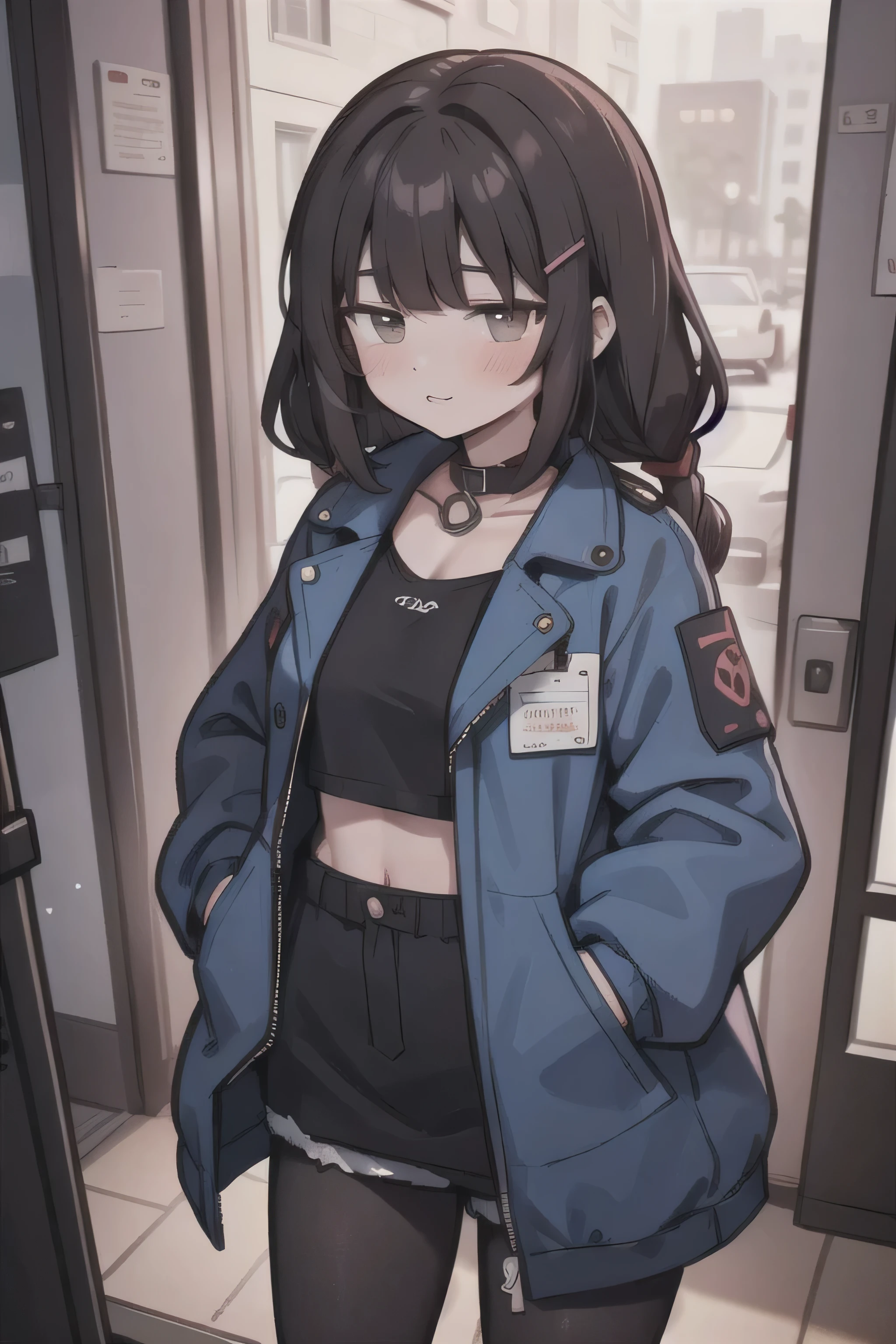 1girl, Alone, girl, (black hair color hair), (Colored inner hair, black color hair), with long coiled hair, Bob Che,, asymmetrical sidelocks, Pinned back with a bang, hair pin, Brown eyes,Cheerful personality, middling, collars, upper legs带, Denim trench coat, short- sleeved, Shorter pantishnet stockings 1.1), jaket, big jaket, upper legs, Abs, (hands in a pocket), nightcity, cyber punk personage, Colorful, The beautiful, , tmasterpiece, Best quality, 4K，Positive point of view，complete combination sneakers