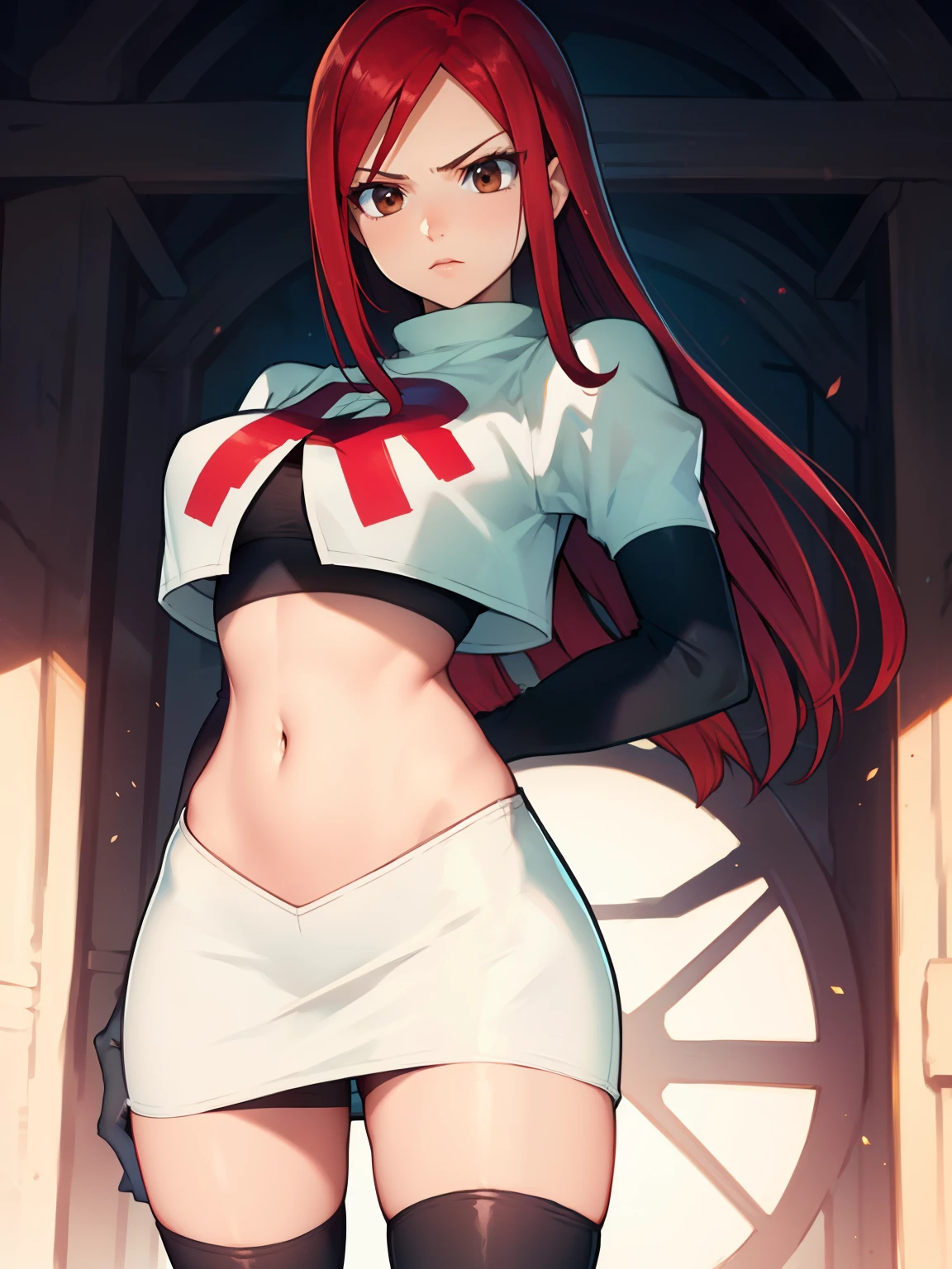 Erza Scarlet, long hair,red hair, brown eyes, ,team rocket uniform, red letter R, white skirt,white crop top,black thigh-high boots, black elbow gloves, looking at viewer, cowboy shot,