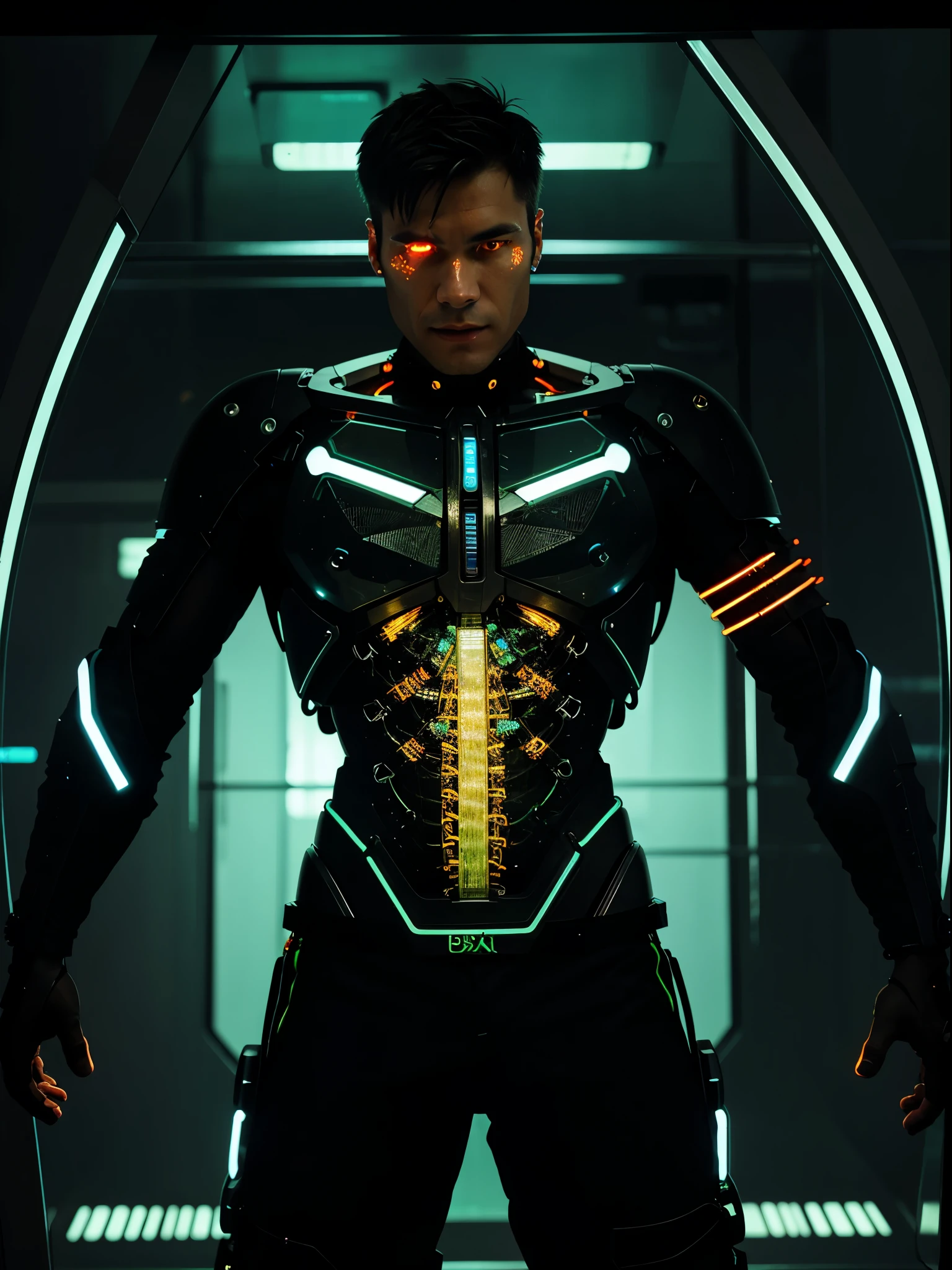 A handsome man Cyborg,with his Rib Cage made of only glass. Neon cables and gears inside the glass body