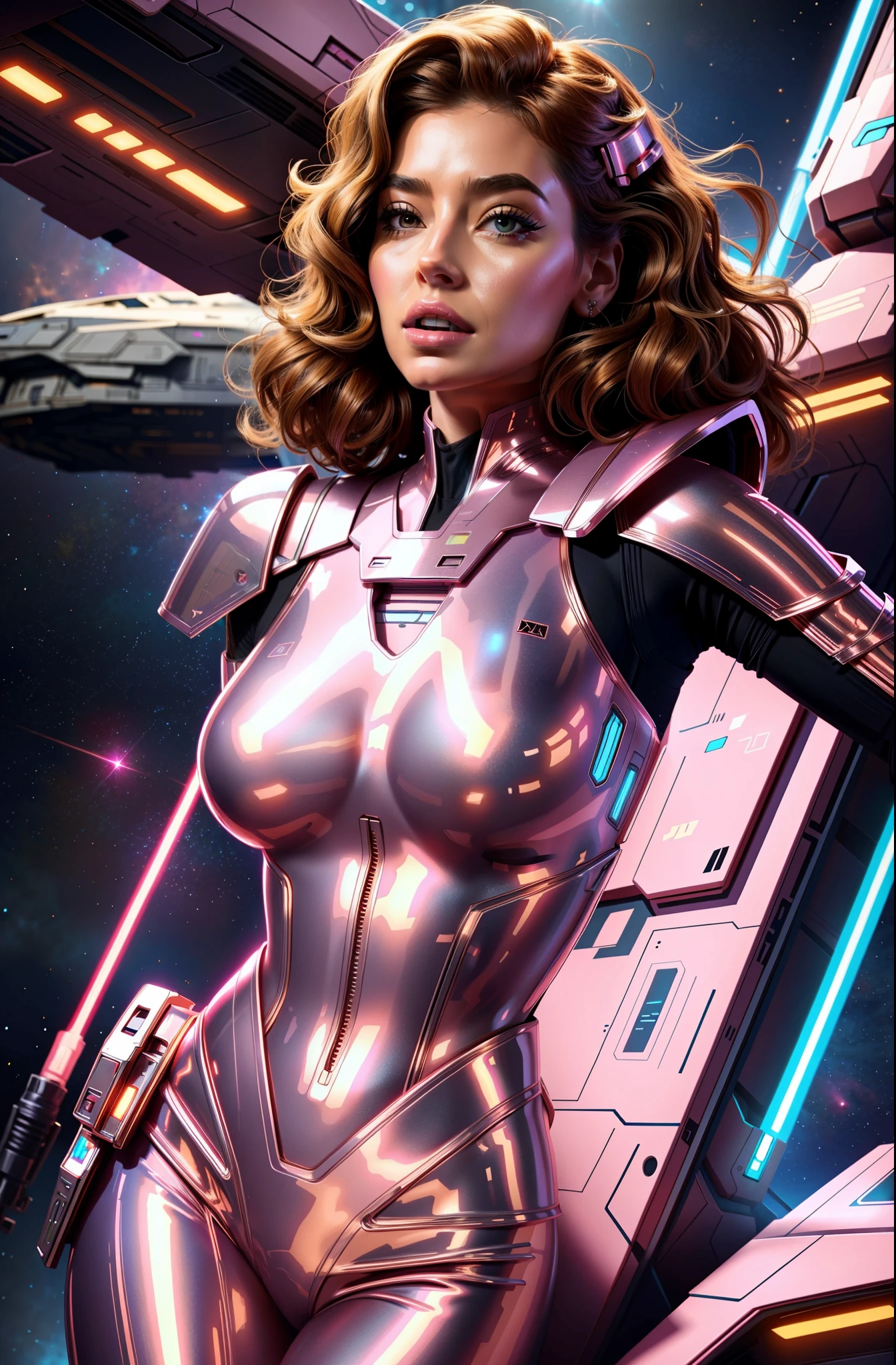 sexy woman in star wars pink metallic costume posing in front of a spaceship, transparent suit, cutesexyrobutts, scifi woman, digital painting, beautiful digital artwork,
