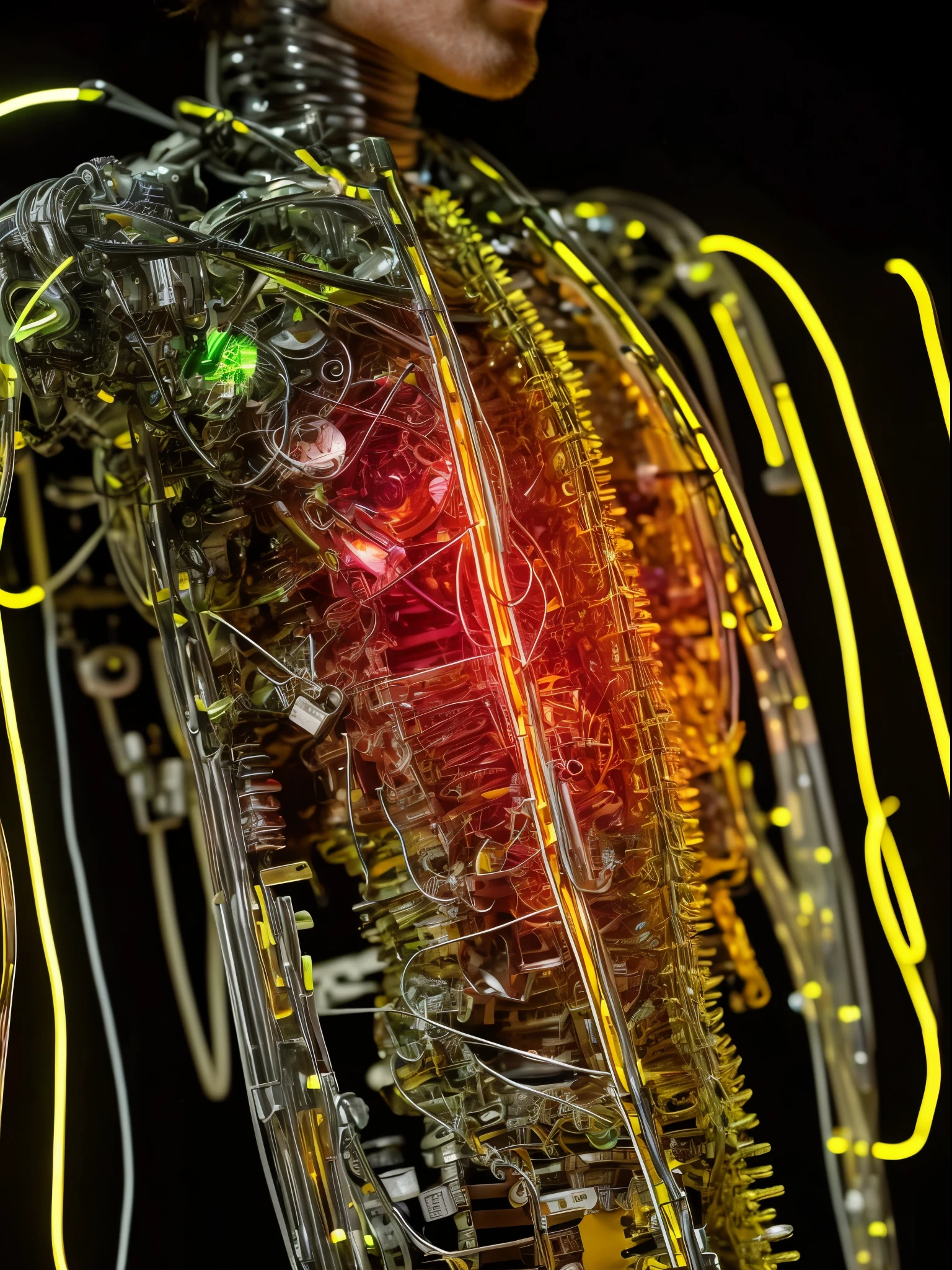 A handsome man Cyborg,with his Rib Cage made of only glass. Neon cables and gears inside the glass body
