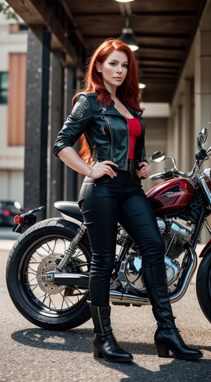 White woman biker ,40 years old,Red hair, green eyes fixed, height 1.83, weight 90 kg, muscular build, broad shoulders, V-shaped body, full body focus, completely hairless,