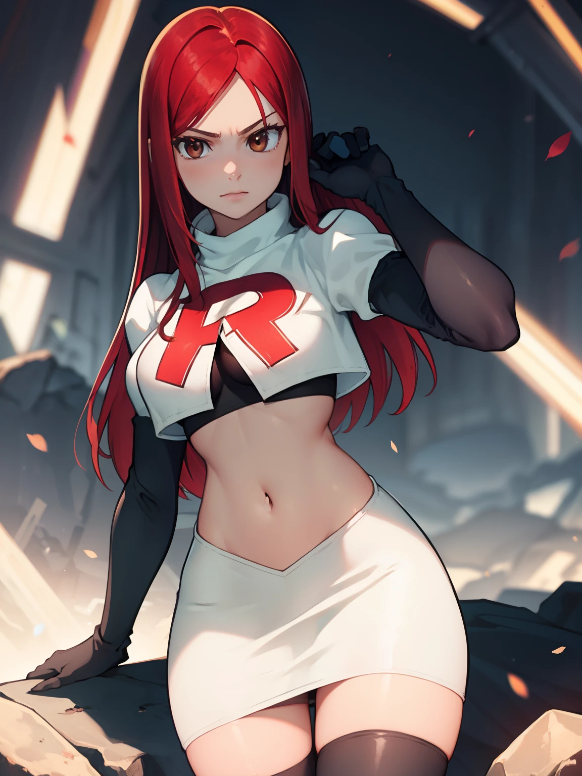 Erza Scarlet, long hair,red hair, brown eyes, ,team rocket uniform, red letter R, white skirt,white crop top,black thigh-high boots, black elbow gloves, looking at viewer, cowboy shot,