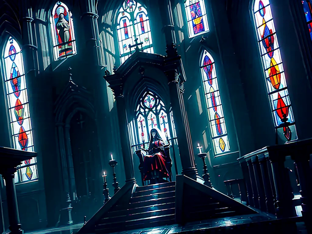 eerie queen sitting regally with a blade resting on her lap, from side, from below | low angle, dutch angle, throne room, stained-glass window at the back, tall archways, raised throne on raised platform, throne on dais, lightrays coming through the windows