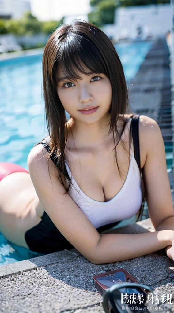 top-quality、masterpiece、8K、life-like、Cute 20s girl(A dark-haired、poneyTail、rather large breasts)、Lying by the pool、、A smile、white school swim suit、Gravure photography、
