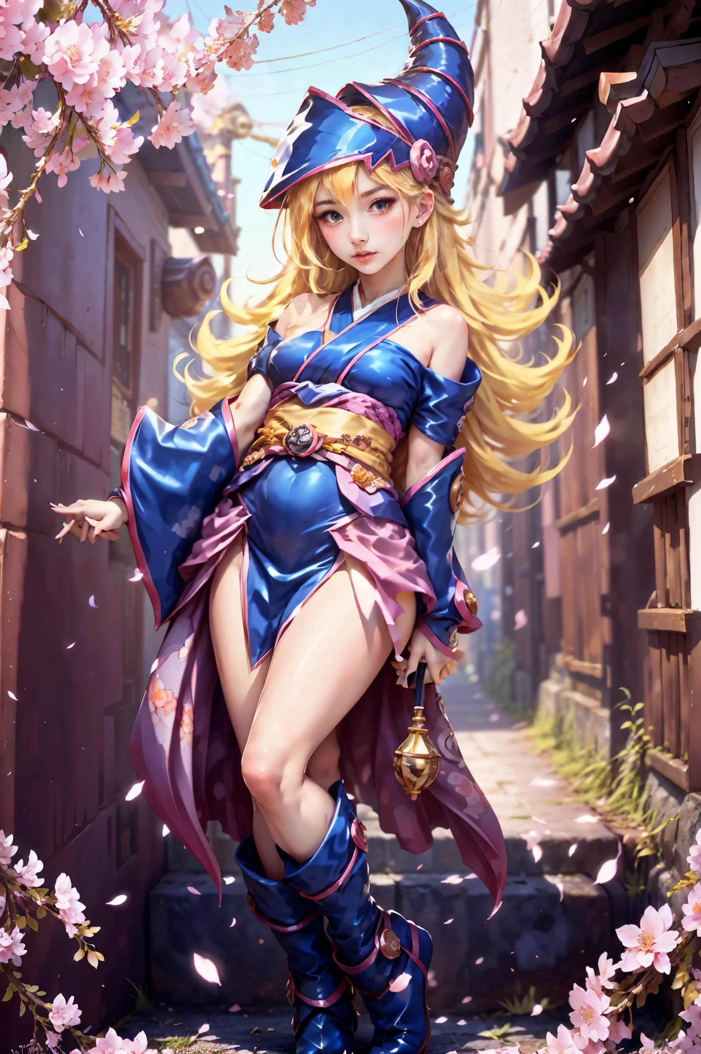 cuerpo completo,Plan completo,SFW,The Russian goddess princess in the image of a geisha with big bright blue eyes and long fluffy eyelashes of the Nordic type with a perfect graceful figure and very long fluffy wavy hair of bright wheat color is in full growth in the alley against the background of Japanese pink sakura blooming in bright navy blue kimono color and Japanese shoes turn bright navy blue color, The girl's lace kimono is intricately patterned with ultra-short frank cutouts...., Small breasts with protrusion are visible through the fabric and on the girl's ears there are beautiful earrings with precious navy blue sapphires that shine and shine in the light.... The soil on which the girl is located is strewn with cherry blossoms...., The scene is highly artistic, High resolution, foco nítido, Migjorni-V5 artistic style, hiperfotorrealismo, proporciones perfectas, Photo of the golden ratio, Bengala, contorno, luz del sol, brillo suave, enfoque suave, Photo-style smooth focus through a Monocle lens.