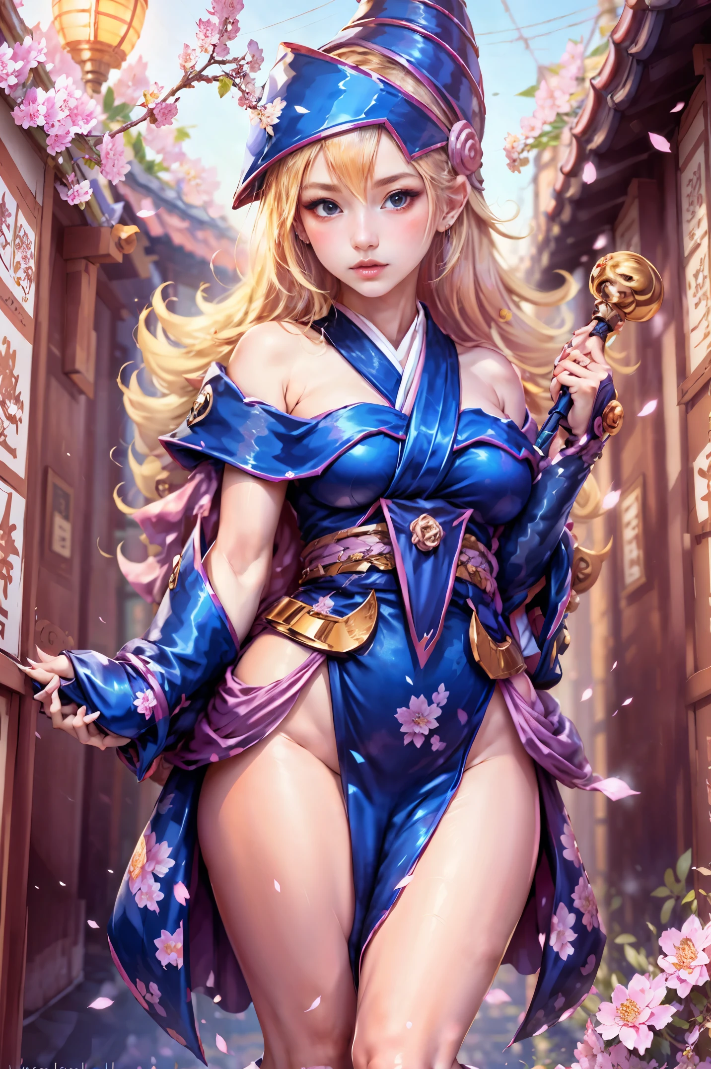 cuerpo completo,Plan completo,SFW,The Russian goddess princess in the image of a geisha with big bright blue eyes and long fluffy eyelashes of the Nordic type with a perfect graceful figure and very long fluffy wavy hair of bright wheat color is in full growth in the alley against the background of Japanese pink sakura blooming in bright navy blue kimono color and Japanese shoes turn bright navy blue color, The girl's lace kimono is intricately patterned with ultra-short frank cutouts...., Small breasts with protrusion are visible through the fabric and on the girl's ears there are beautiful earrings with precious navy blue sapphires that shine and shine in the light.... The soil on which the girl is located is strewn with cherry blossoms...., The scene is highly artistic, high resolution, foco nítido, Migjorni-V5 artistic style, hiperfotorrealismo, proporciones perfectas, Photo of the golden ratio, Bengala, contorno, luz del sol, brillo suave, enfoque suave, Photo-style smooth focus through a Monocle lens.