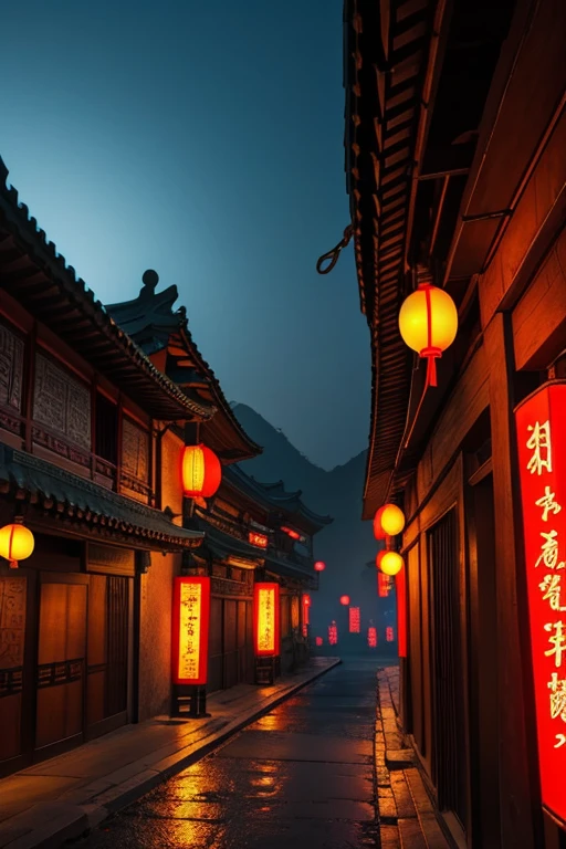 Scenery in ancient China with neon lights