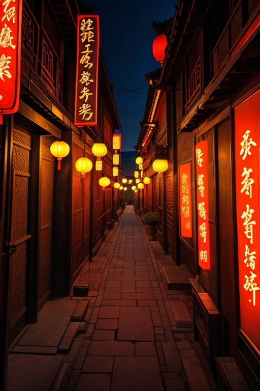 Scenery in ancient China with neon lights