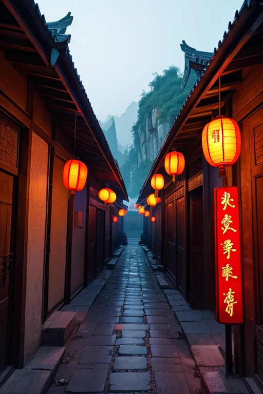 Scenery in ancient China with neon lights