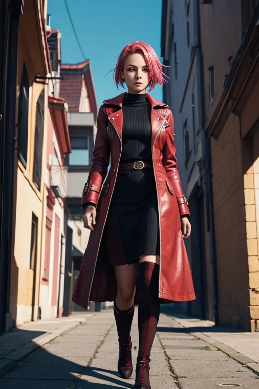 Sakura haruno, seductive, ((forehead to show)), attractive, sexy eyes, red coat, pink hair, delicate, young, short hair, detailed face, high definition, full body, from League of Legends, trend in artstation, by rhads, andreas rocha, rossdraws, makoto shinkai, laurie greasley, lois van baarle, ilya kuvshinov and greg rutkowski