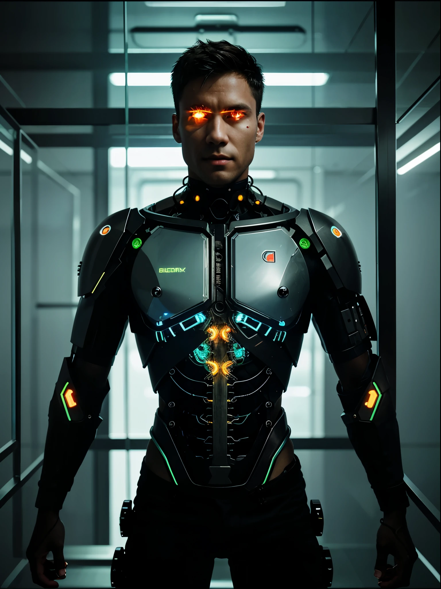 A handsome man Cyborg,with his Rib Cage made  of only glass. Neon cables and gears inside the glass body