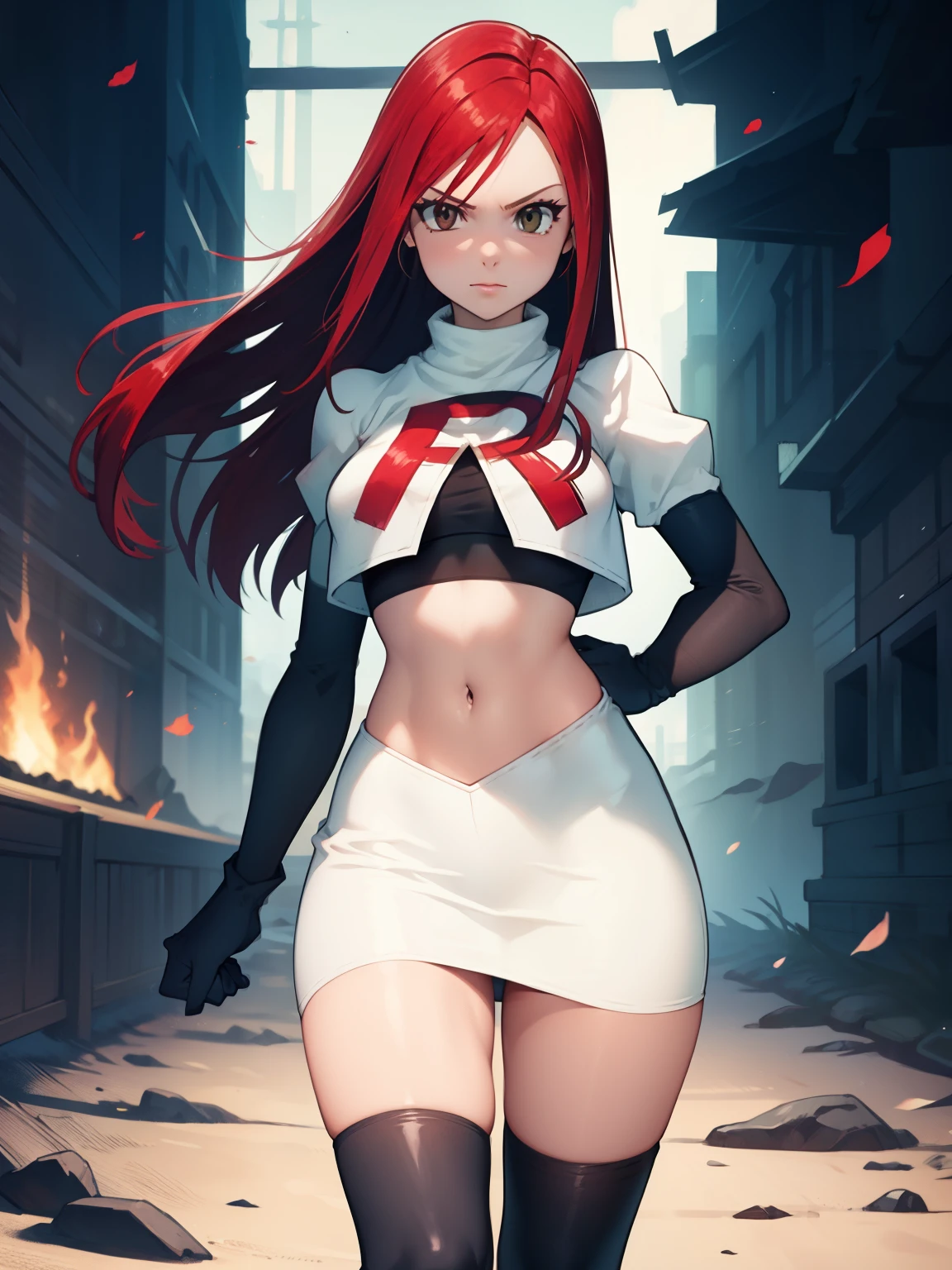 Erza Scarlet, long hair,red hair, brown eyes, ,team rocket uniform, red letter R, white skirt,white crop top,black thigh-high boots, black elbow gloves, looking at viewer, cowboy shot,