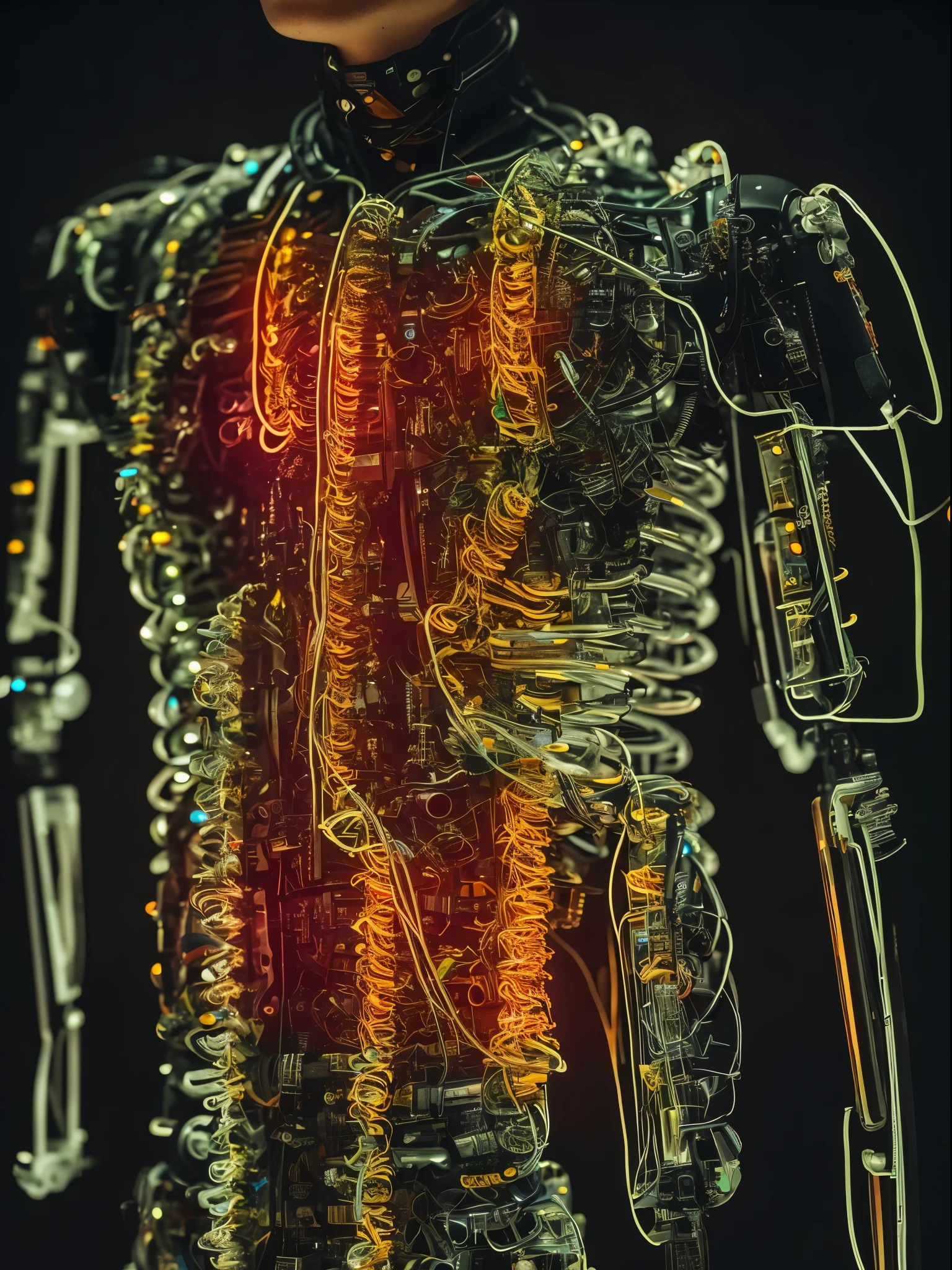 A handsome man Cyborg,with his Rib Cage made  of only glass. Neon cables and gears inside the glass body