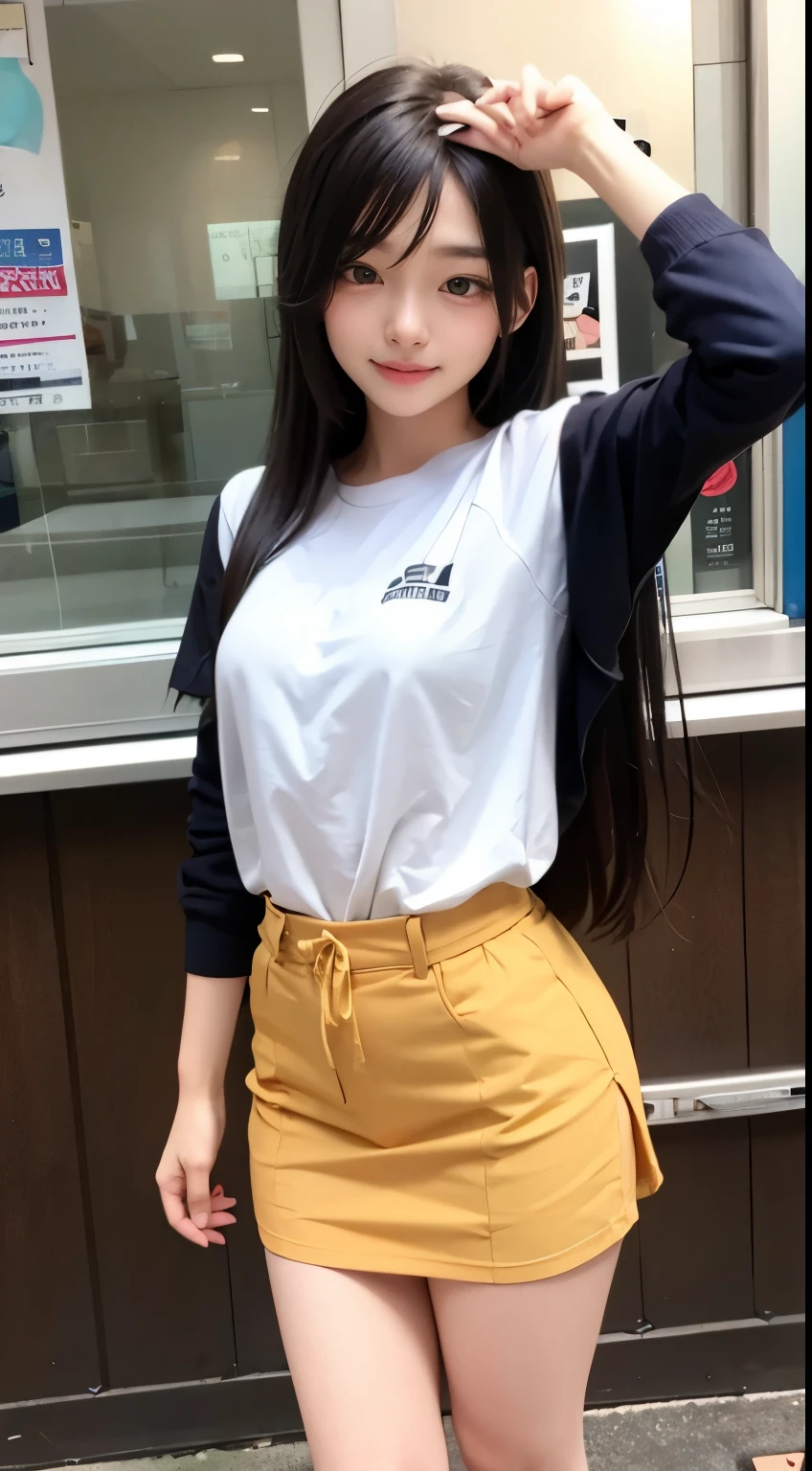 Living room, sofa, 27 years old, Japanese girl, yellow T-shirt, black miniskirt, transparent, transparent, light brown hair, soft waves, smile, simple face, legs open, knees