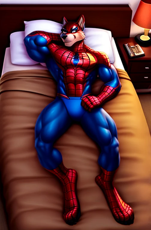 an muscular brown wolf dressed full-body spider-man spandex costume, lying on the bed, at a hotel room, generic furry art style