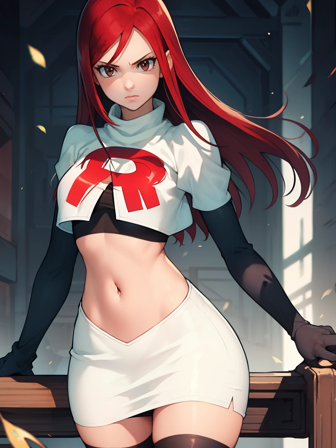Erza Scarlet, long hair,red hair, brown eyes, ,team rocket uniform, red letter R, white skirt,white crop top,black thigh-high boots, black elbow gloves, looking at viewer, cowboy shot,