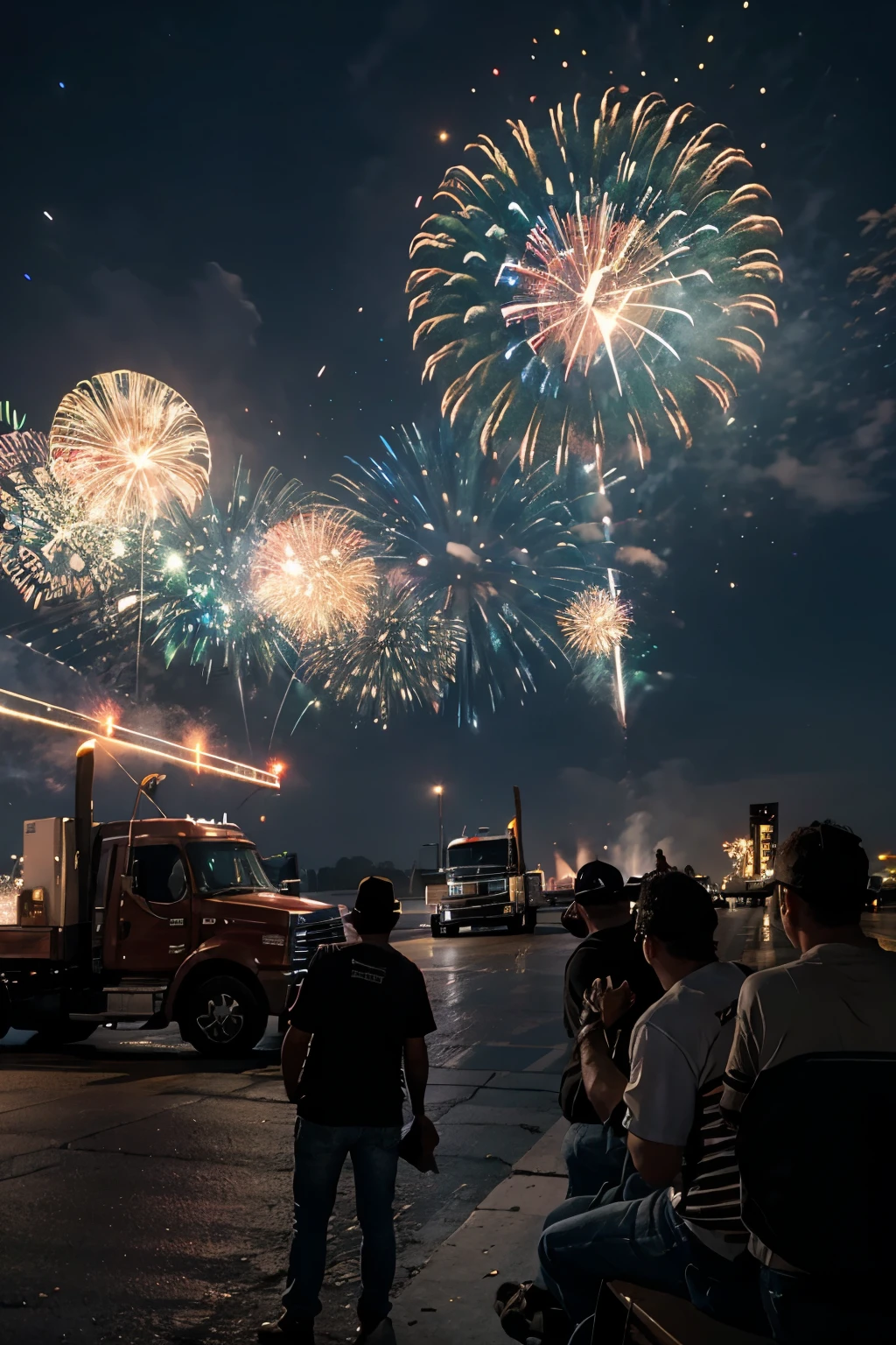 prompt:truck drivers drinking and comemorate the new years eve, with trucks behind and fireworks in the sky