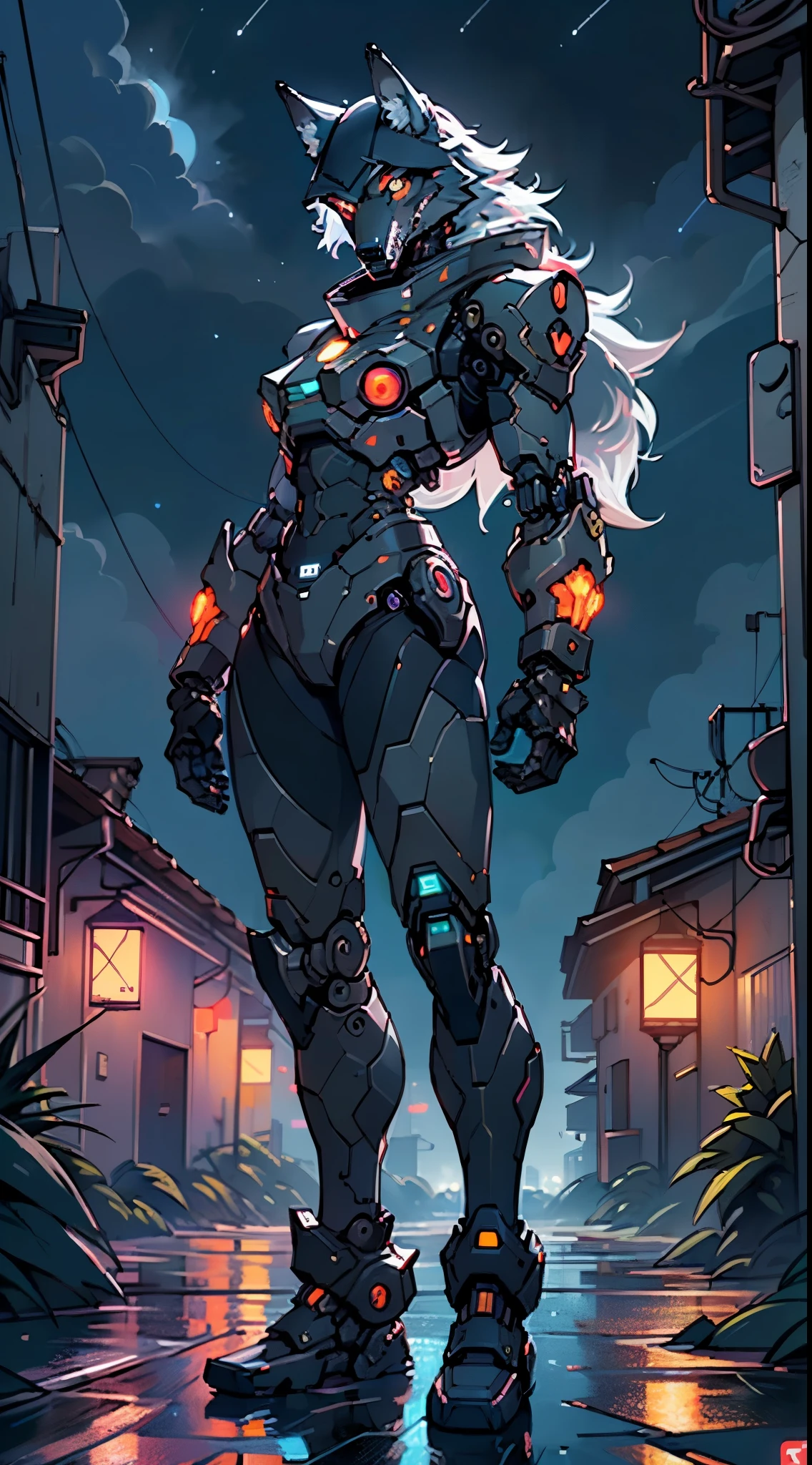 (((A mechanical wolf,cyborg wolf,cyborg-wolf,animal,wolf robot))),no human,detailed wolf,intricate mechanic wolf,robot animal,
epic, highly detailed full body of a gigantic feral mecha canine, sharp metal claws, cannon mounted on back, sleek armor, glowing visor, furry art, zoids art, furaffinity, sofurry,
(dynamic pose:1.0),solo focus,(centered,scale to fit dimensions,Rule of thirds),
cyberpunk city by the ocean at night, with bright neon signs and dark stormy clouds and puddles, scenery:1.25,nighttime, starry night, cosmos,Very dark night that makes the neon lights stand out, very bright neon lights,nighttime, starry night, cosmos,
highres, sharp focus, (ultra detailed, extremely detailed), (photorealistic artwork:1.37),(extremely detailed CG unity 8k wallpaper),((synthwave background theme)),(((vibrant colors))),(intricate background),(masterpiece),(best quality),