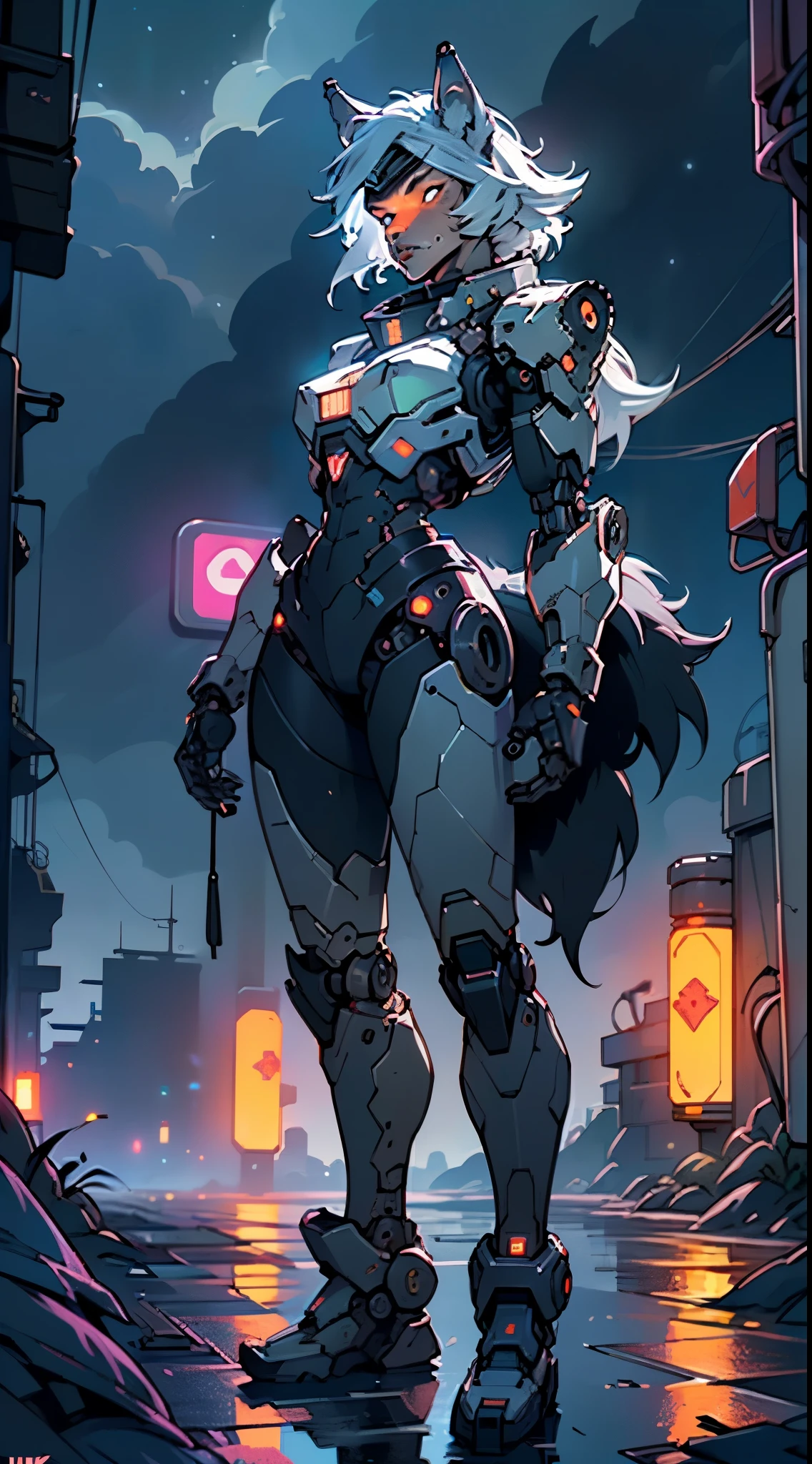 (((A mechanical wolf,cyborg wolf,cyborg-wolf,animal,wolf robot))),no human,detailed wolf,intricate mechanic wolf,robot animal,

epic, highly detailed full body of a gigantic feral mecha canine, sharp metal claws, cannon mounted on back, sleek armor, glowing visor, furry art, zoids art, furaffinity, sofurry,

(dynamic pose:1.0),solo focus,(centered,scale to fit dimensions,Rule of thirds),

cyberpunk city by the ocean at night, with bright neon signs and dark stormy clouds and puddles, scenery:1.25,nighttime, starry night, cosmos,Very dark night that makes the neon lights stand out, very bright neon lights,nighttime, starry night, cosmos,

highres, sharp focus, (ultra detailed, extremely detailed), (photorealistic artwork:1.37),(extremely detailed CG unity 8k wallpaper),((synthwave background theme)),(((vibrant colors))),(intricate background),(masterpiece),(best quality),