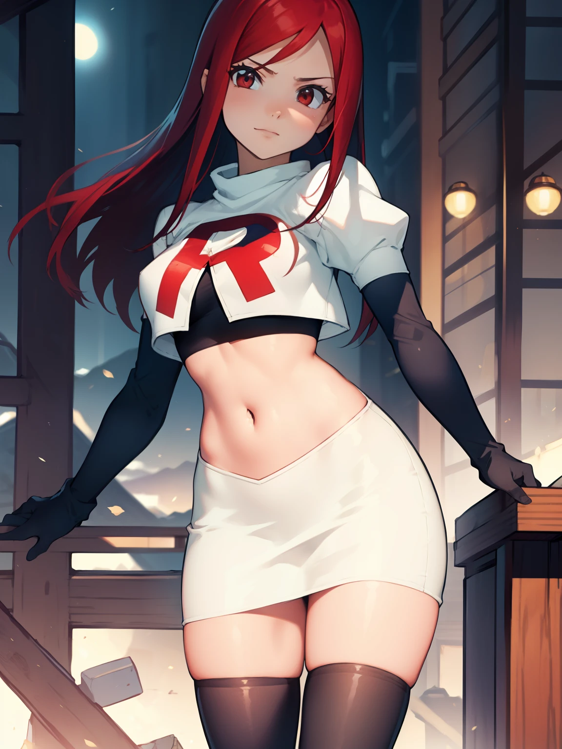 Erza Scarlet, long hair,red hair, brown eyes, ,team rocket uniform, red letter R, white skirt,white crop top,black thigh-high boots, black elbow gloves, looking at viewer, cowboy shot,