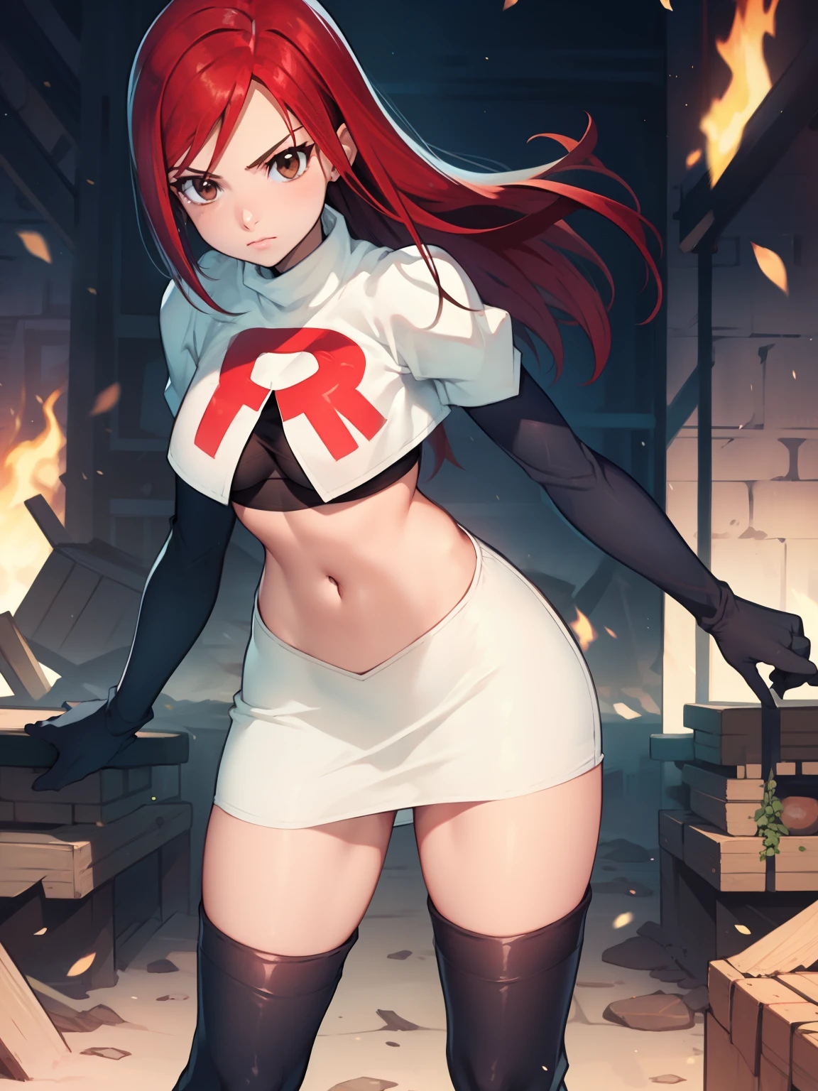 Erza Scarlet, long hair,red hair, brown eyes, ,team rocket uniform, red letter R, white skirt,white crop top,black thigh-high boots, black elbow gloves, looking at viewer, cowboy shot,
