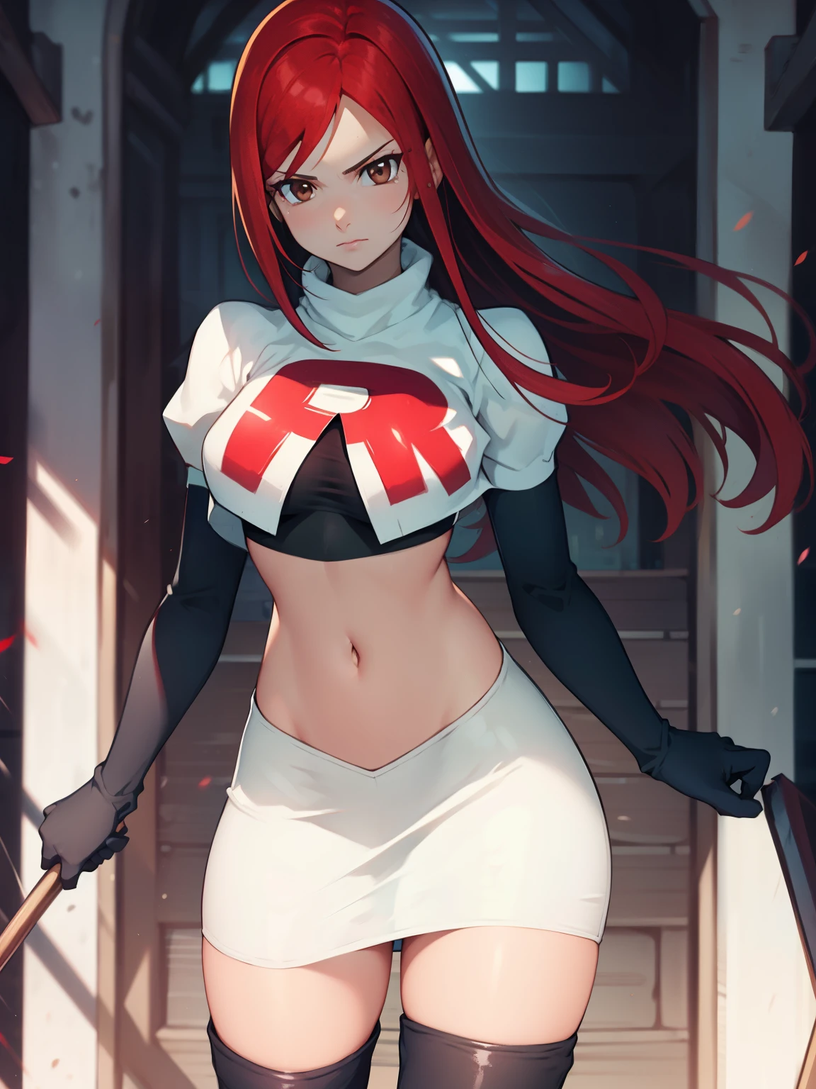 Erza Scarlet, long hair,red hair, brown eyes, ,team rocket uniform, red letter R, white skirt,white crop top,black thigh-high boots, black elbow gloves, looking at viewer, cowboy shot,