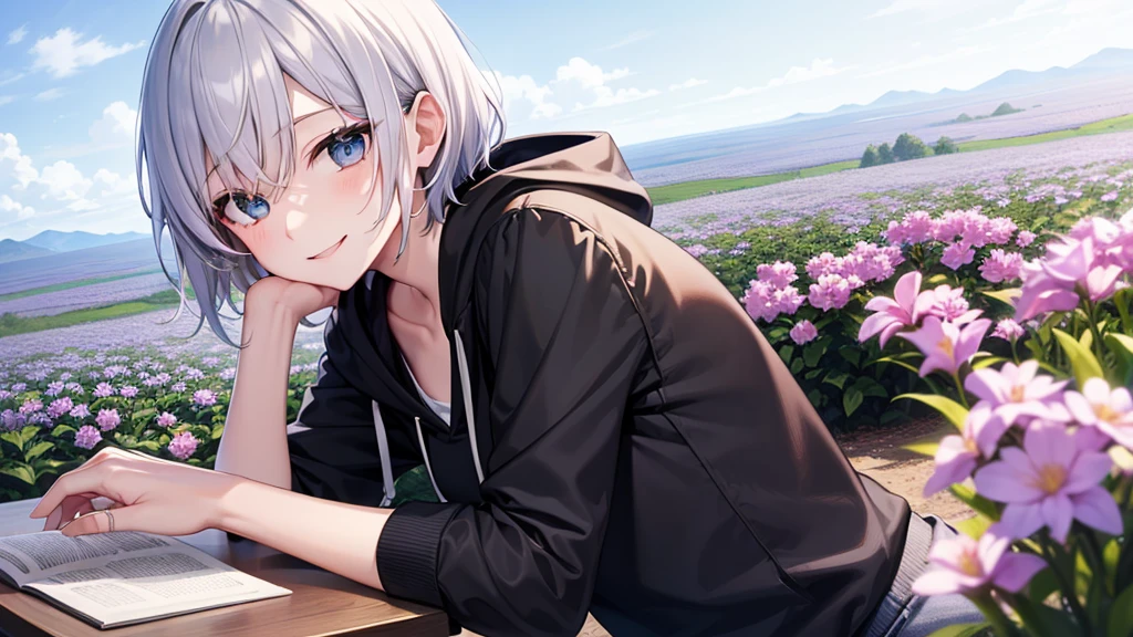(masutepiece: 1.2, Best Quality), 1 Lady, Solo, silber hair,Shoulder out,Very short hair, long bangs between eyes, blue eyess,Black eyes, Hoodie,White hair, Silver hair, Hoodie, White hoodie、blue-sky、in woods、izumi、flower  field、sit a chair、A smile、open open mouth、5 fingers