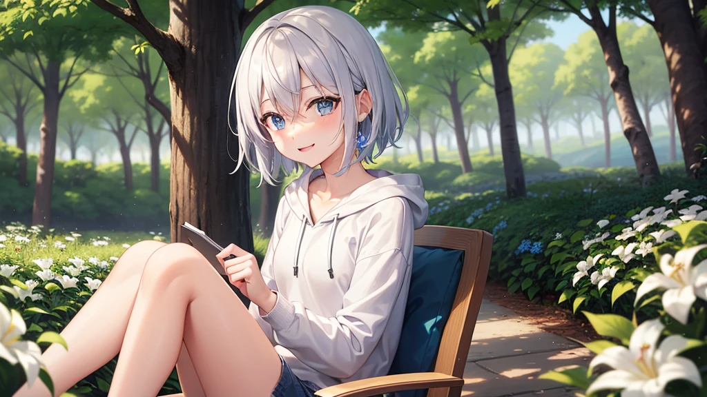 (masutepiece: 1.2, Best Quality), 1 Lady, Solo, silber hair,Shoulder out,Very short hair, long bangs between eyes, blue eyess,Black eyes, Hoodie,White hair, Silver hair, Hoodie, White hoodie、blue-sky、in woods、izumi、flower field、sit a chair、A smile、open open mouth、5 fingers