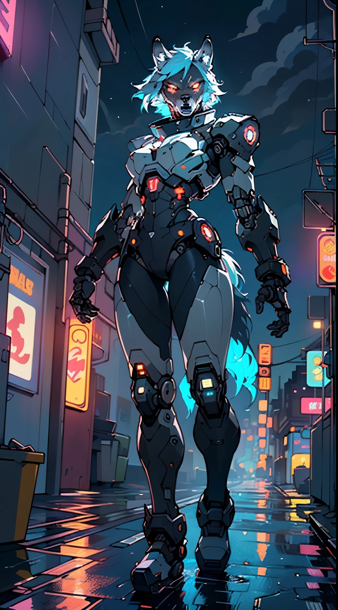 (((A mechanical wolf,cyborg wolf,cyborg-wolf,animal,wolf robot))),no human,detailed wolf,intricate mechanic wolf,robot animal,

epic, highly detailed full body of a gigantic feral mecha canine, sharp metal claws, cannon mounted on back, sleek armor, glowing visor, furry art, zoids art, furaffinity, sofurry,

(dynamic pose:1.0),solo focus,(centered,scale to fit dimensions,Rule of thirds),

cyberpunk city by the ocean at night, with bright neon signs and dark stormy clouds and puddles, scenery:1.25,nighttime, starry night, cosmos,Very dark night that makes the neon lights stand out, very bright neon lights,nighttime, starry night, cosmos,

highres, sharp focus, (ultra detailed, extremely detailed), (photorealistic artwork:1.37),(extremely detailed CG unity 8k wallpaper),((synthwave background theme)),(((vibrant colors))),(intricate background),(masterpiece),(best quality),