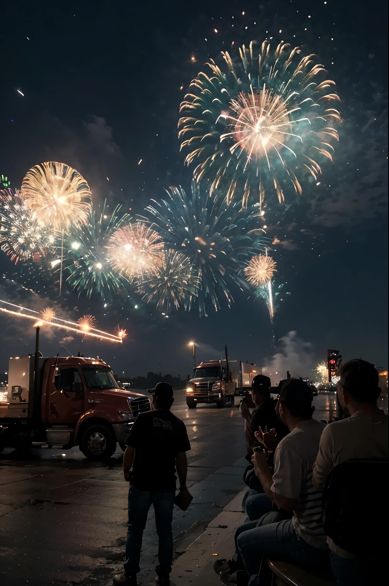 Prompt:truck drivers drinking and celebrating New Year's Eve, with trucks behind and fireworks in the sky