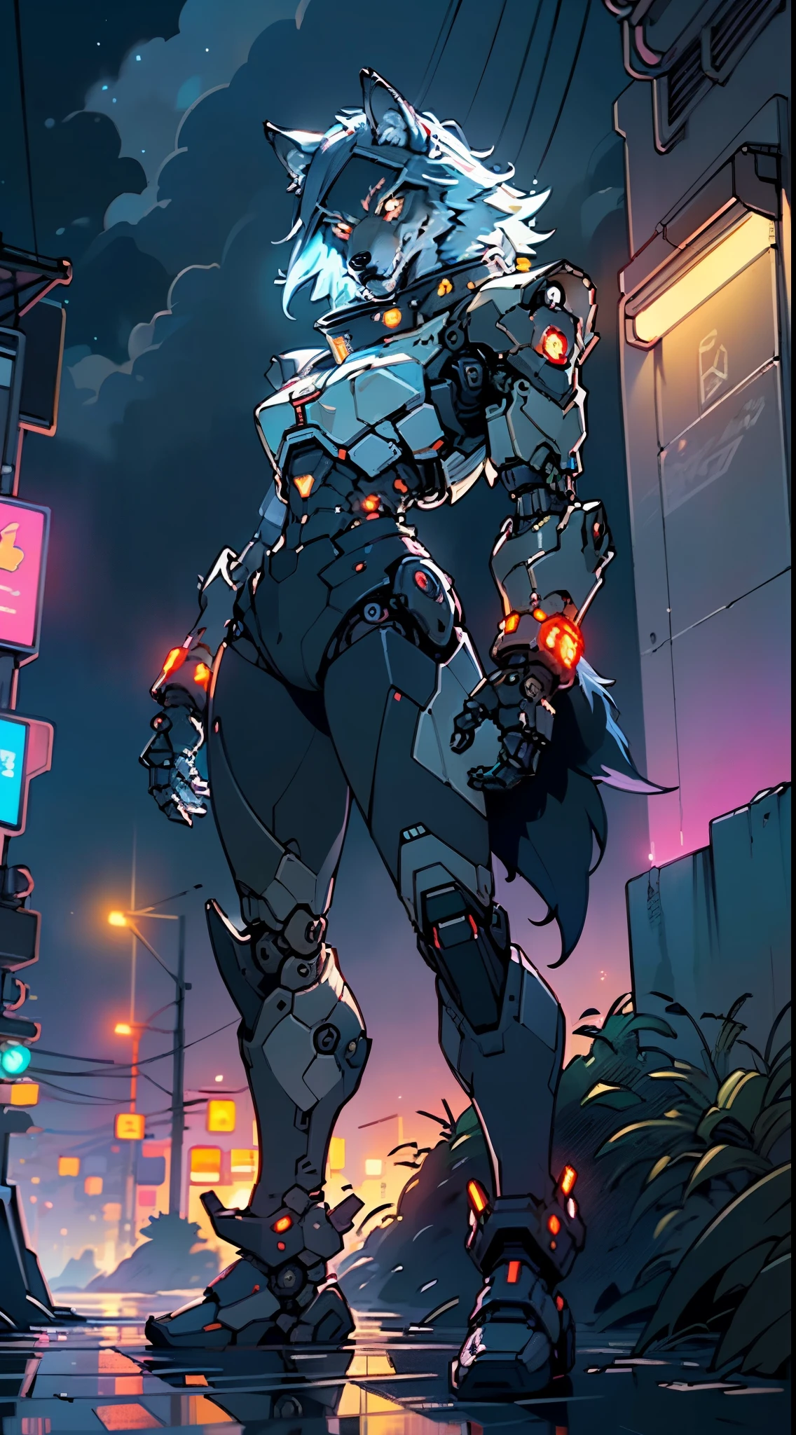 (((A mechanical wolf,cyborg wolf,cyborg-wolf,animal,wolf robot))),no human,detailed wolf,intricate mechanic wolf,robot animal,

epic, highly detailed full body of a gigantic feral mecha canine, sharp metal claws, cannon mounted on back, sleek armor, glowing visor, furry art, zoids art, furaffinity, sofurry,

(dynamic pose:1.0),solo focus,(centered,scale to fit dimensions,Rule of thirds),

cyberpunk city by the ocean at night, with bright neon signs and dark stormy clouds and puddles, scenery:1.25,nighttime, starry night, cosmos,Very dark night that makes the neon lights stand out, very bright neon lights,nighttime, starry night, cosmos,

highres, sharp focus, (ultra detailed, extremely detailed), (photorealistic artwork:1.37),(extremely detailed CG unity 8k wallpaper),((synthwave background theme)),(((vibrant colors))),(intricate background),(masterpiece),(best quality),