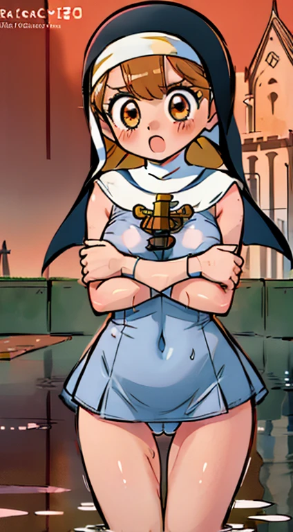 nsfw, (1girl:1.5), masterpiece, best quality, best detail, best proportion, best anatomy, best face, best shaped breasts, very huge breasts, (10 year old japanese lowteen:1.3), half body shot, ((wearing nun's costume):1.2), cameltoe, red blush, wet, (cathedral (background):1.4), skirtlift:1.0, cameltoe:1.1