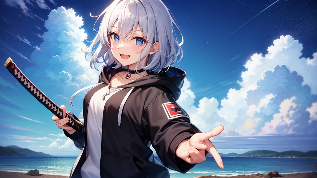 (masutepiece: 1.2, Best Quality), 1 Lady, Solo, silber hair,Shoulder out,Very short hair, long bangs between eyes, blue eyess,Black eyes, Hoodie,White hair, Silver hair, Hoodie, White hoodie、blue-sky、having katana、A smile、open open mouth、5 fingers