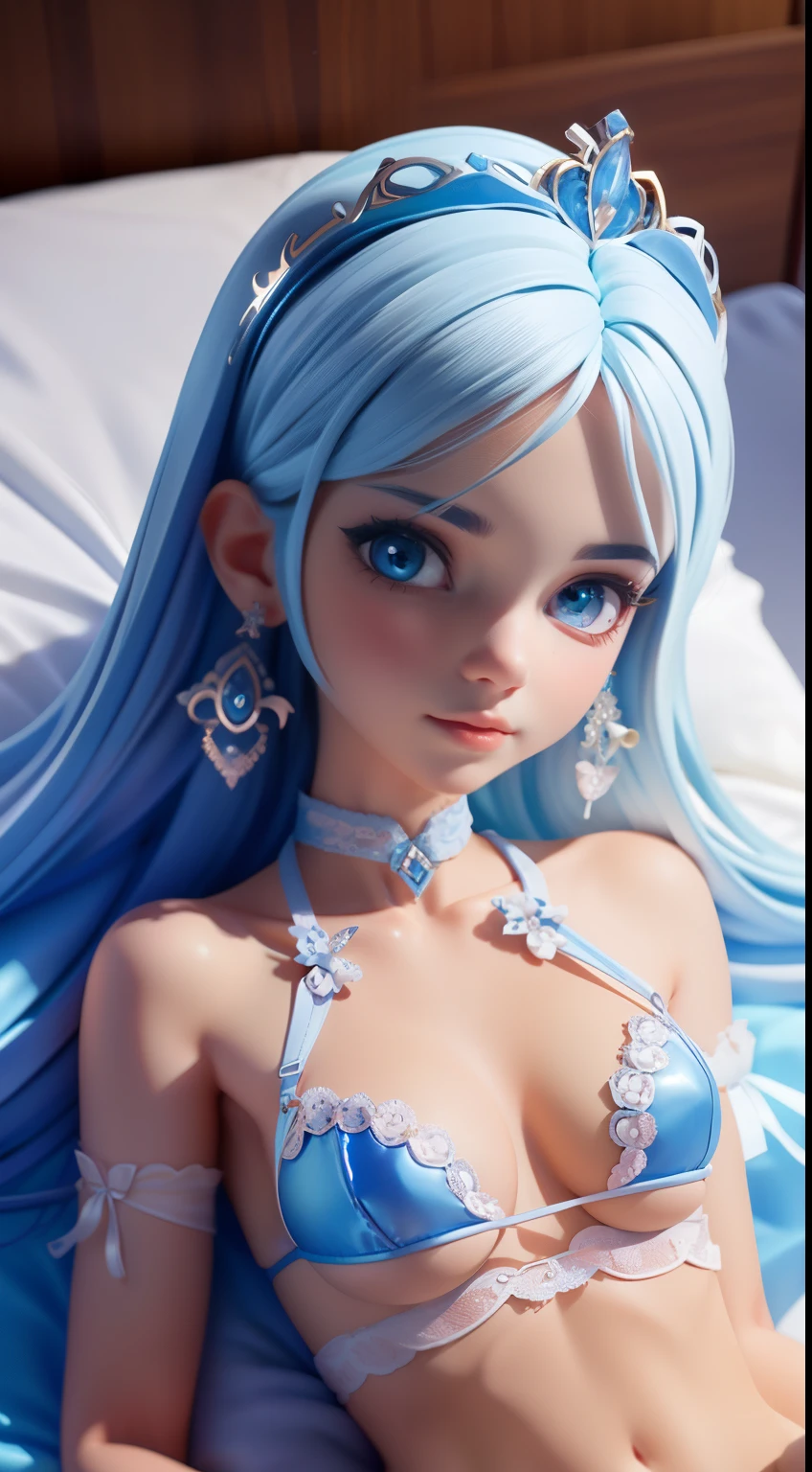1 girl, petite, flat breasts, flat chest, sexy lace lingerie with oversized cup, god-like, (nsfw:0.9), white skin, blue eyes, tiara on head, cross earrings, body jewelry, laying on bed, looks from above