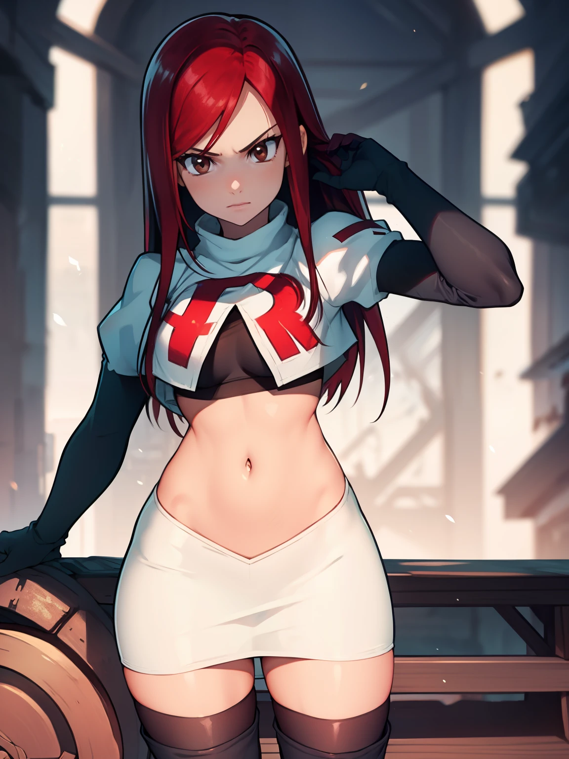 Erza Scarlet, long hair,red hair, brown eyes, ,team rocket uniform, red letter R, white skirt,white crop top,black thigh-high boots, black elbow gloves, looking at viewer, cowboy shot,