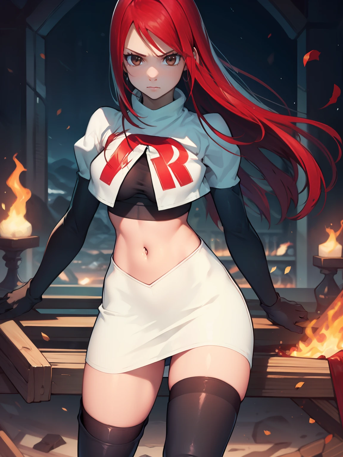 Erza Scarlet, long hair,red hair, brown eyes, ,team rocket uniform, red letter R, white skirt,white crop top,black thigh-high boots, black elbow gloves, looking at viewer, cowboy shot,